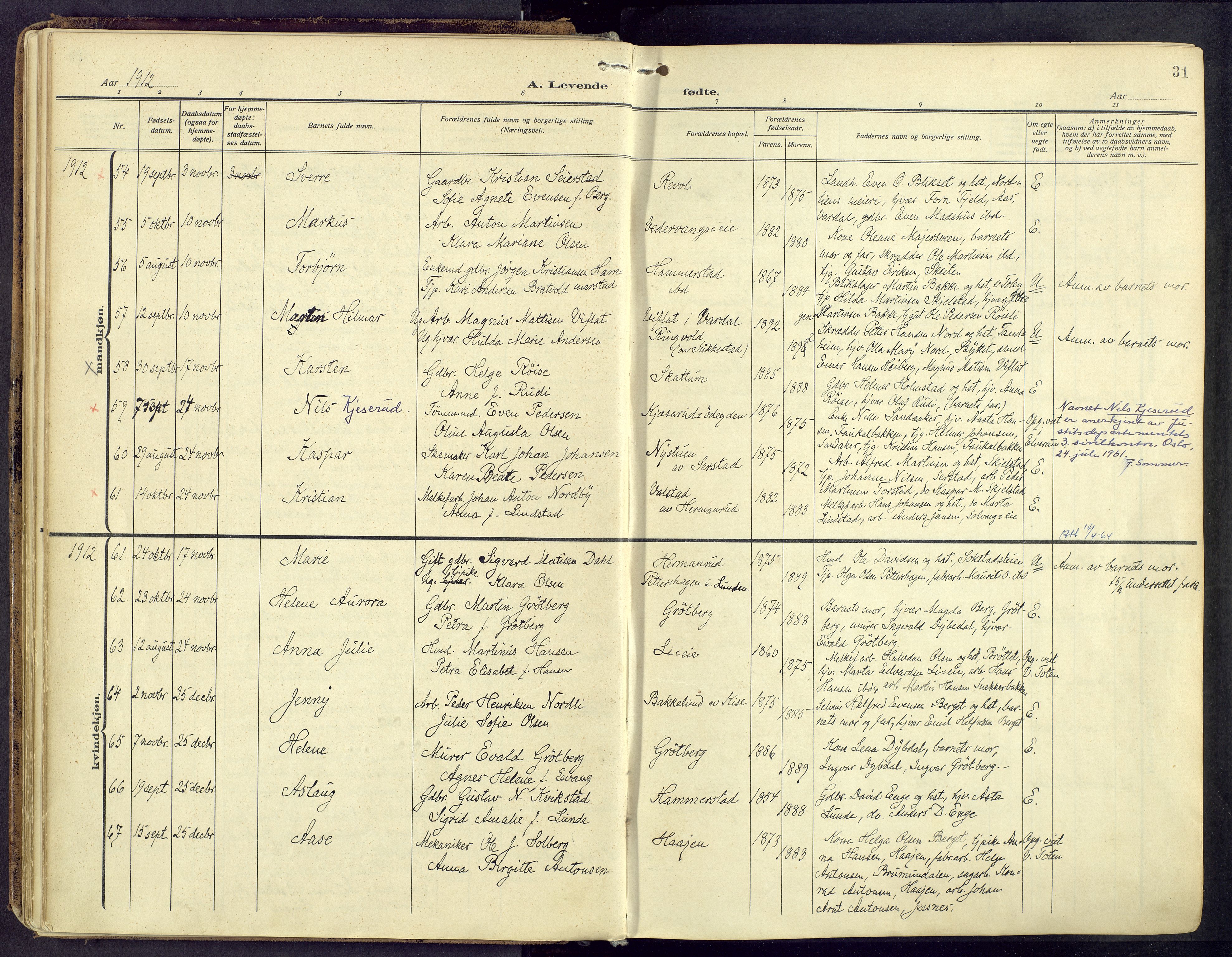 Østre Toten prestekontor, AV/SAH-PREST-104/H/Ha/Haa/L0010: Parish register (official) no. 10, 1910-1920, p. 31
