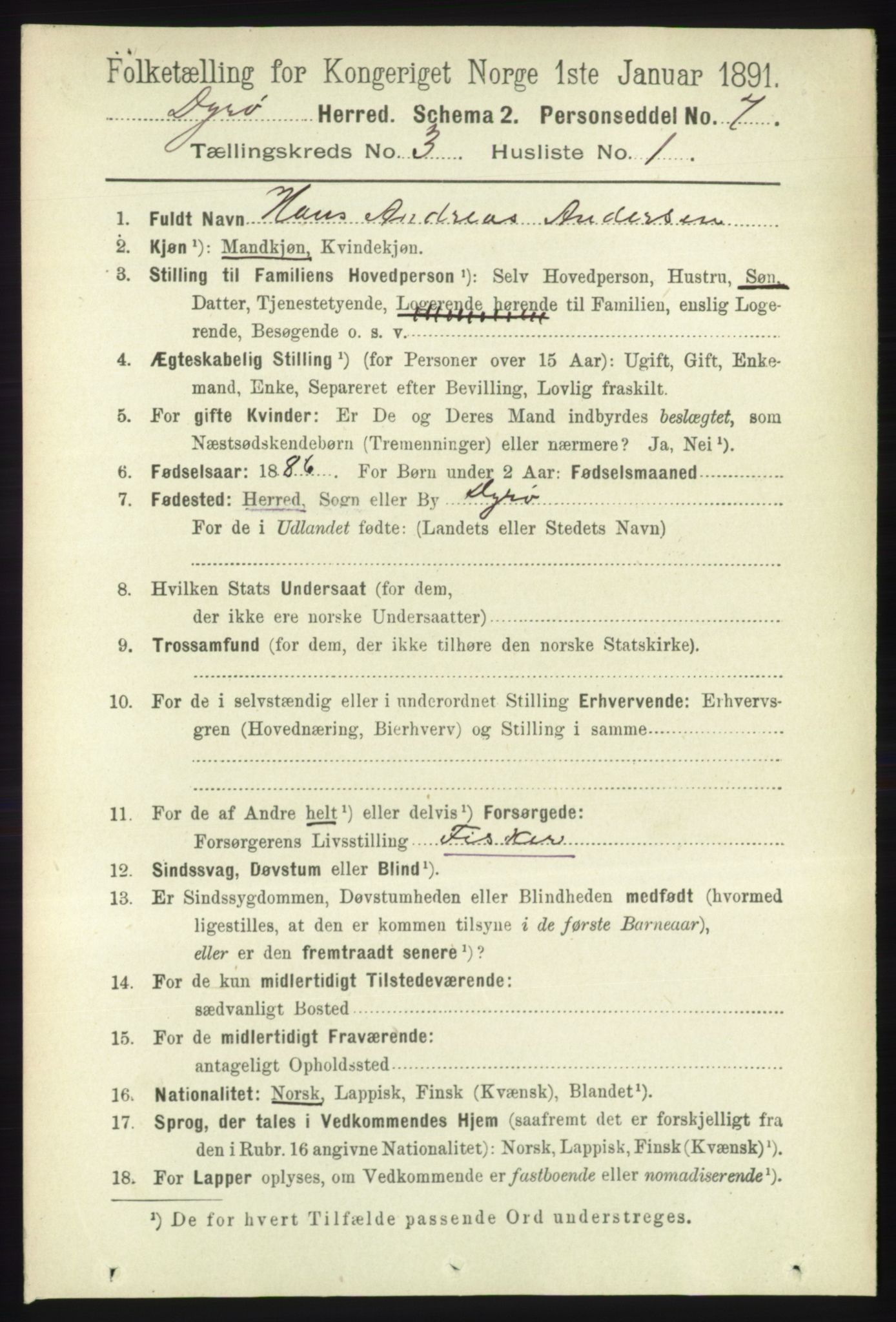 RA, 1891 census for 1926 Dyrøy, 1891, p. 1152