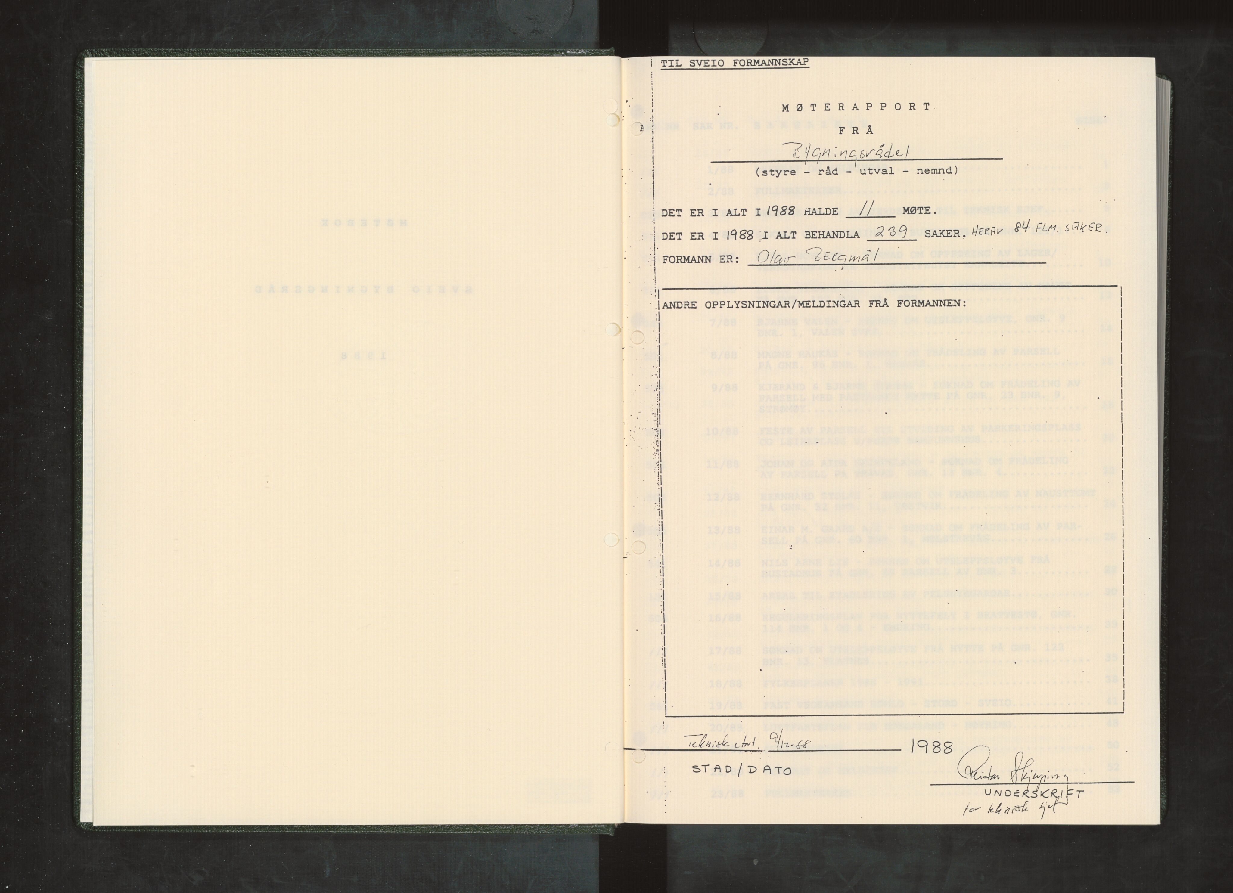 Sveio kommune. Bygningsrådet, IKAH/1216-511/A/Aa/L0022: Møtebok for Sveio bygningsråd, 1988
