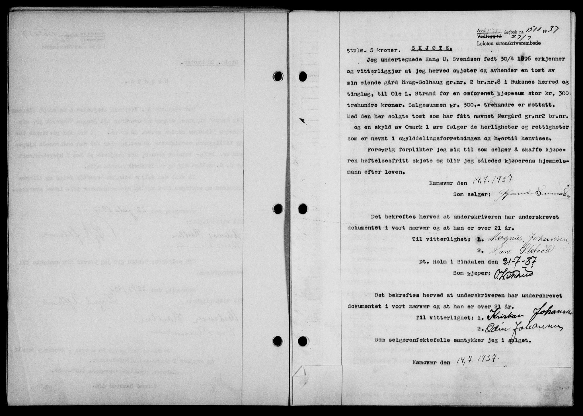 Lofoten sorenskriveri, SAT/A-0017/1/2/2C/L0002a: Mortgage book no. 2a, 1937-1937, Diary no: : 1511/1937