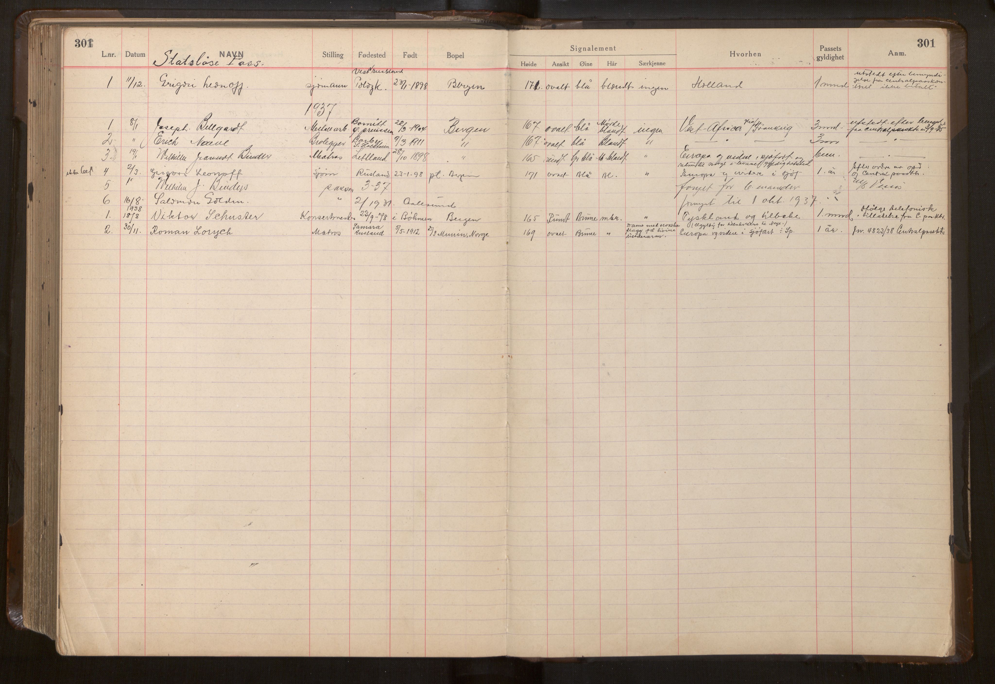 Bergen politikammer / politidistrikt, AV/SAB-A-60401/L/La/Lab/L0014: Passprotokoll, 1936-1938, p. 301