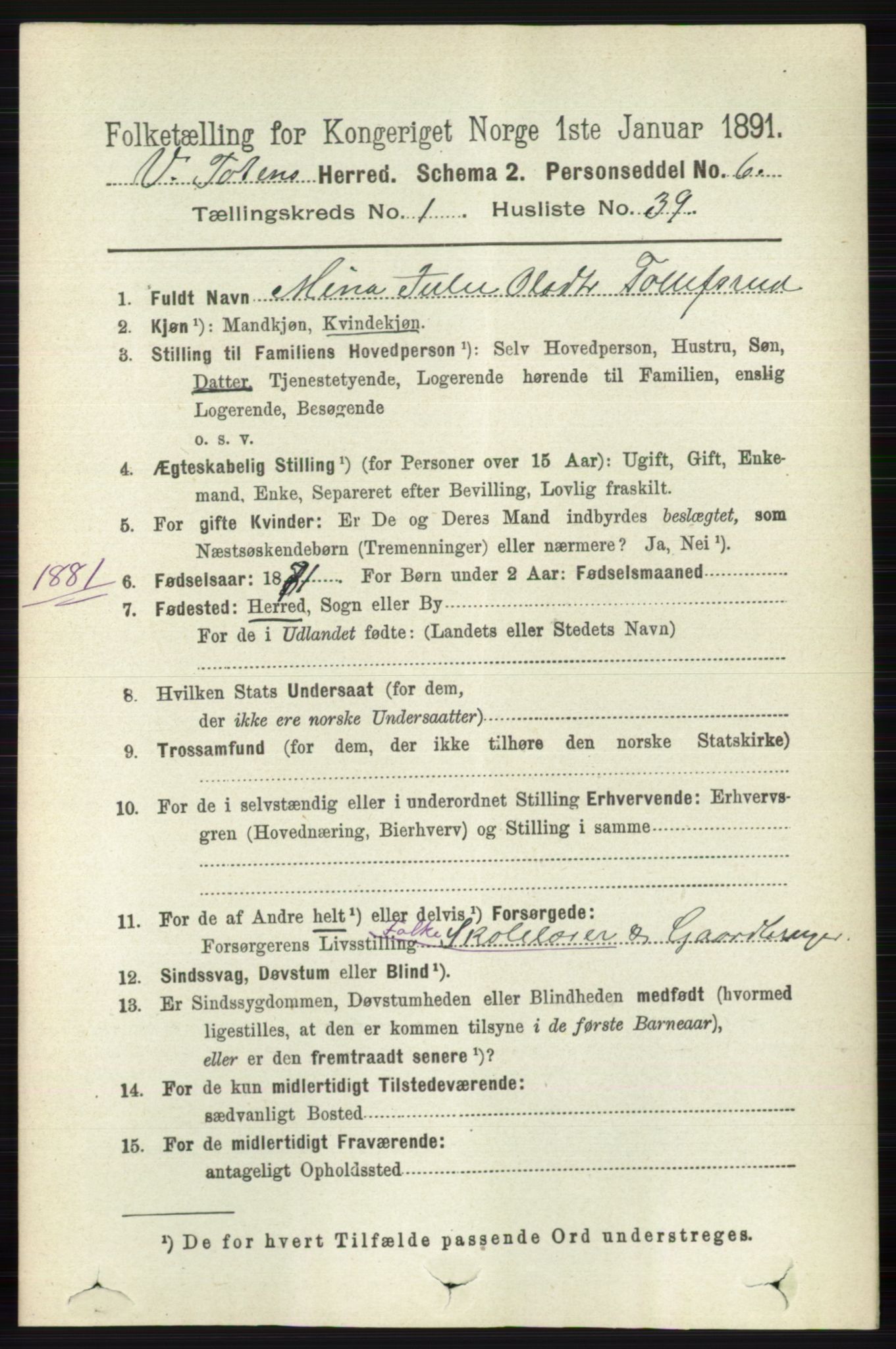 RA, 1891 census for 0529 Vestre Toten, 1891, p. 439