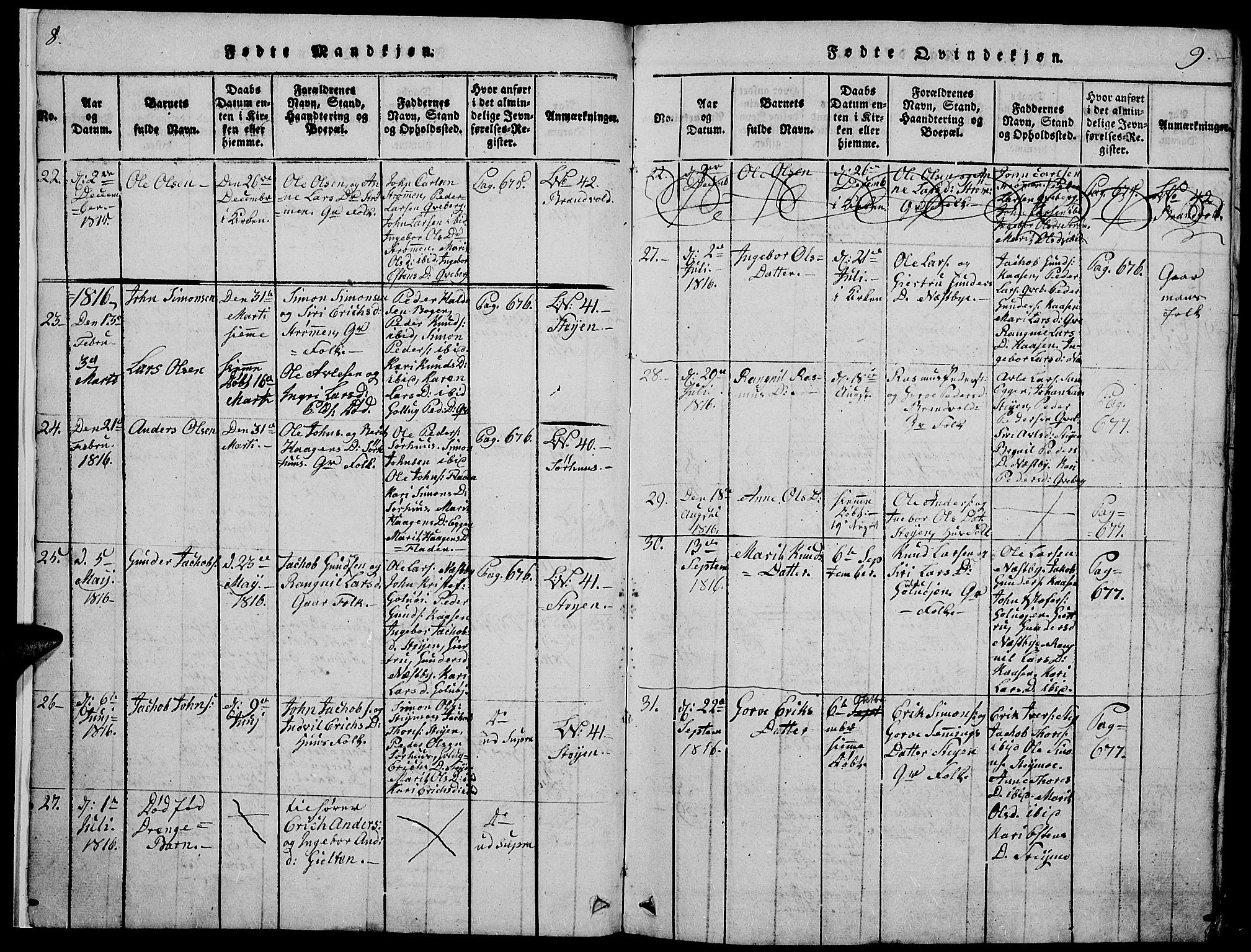 Tynset prestekontor, SAH/PREST-058/H/Ha/Hab/L0002: Parish register (copy) no. 2, 1814-1862, p. 8-9