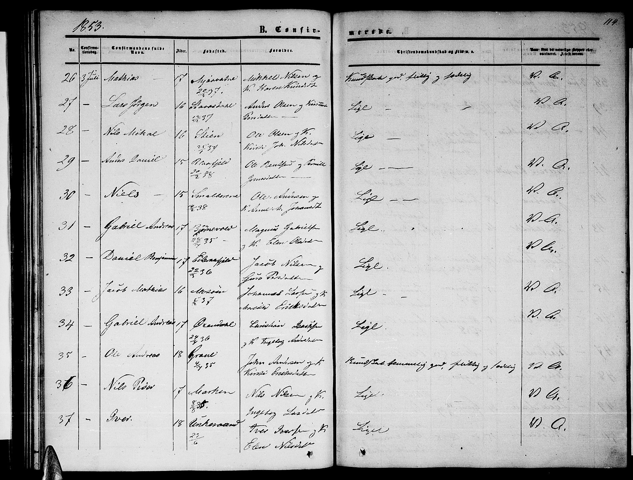 Ministerialprotokoller, klokkerbøker og fødselsregistre - Nordland, SAT/A-1459/820/L0301: Parish register (copy) no. 820C03, 1851-1858, p. 114