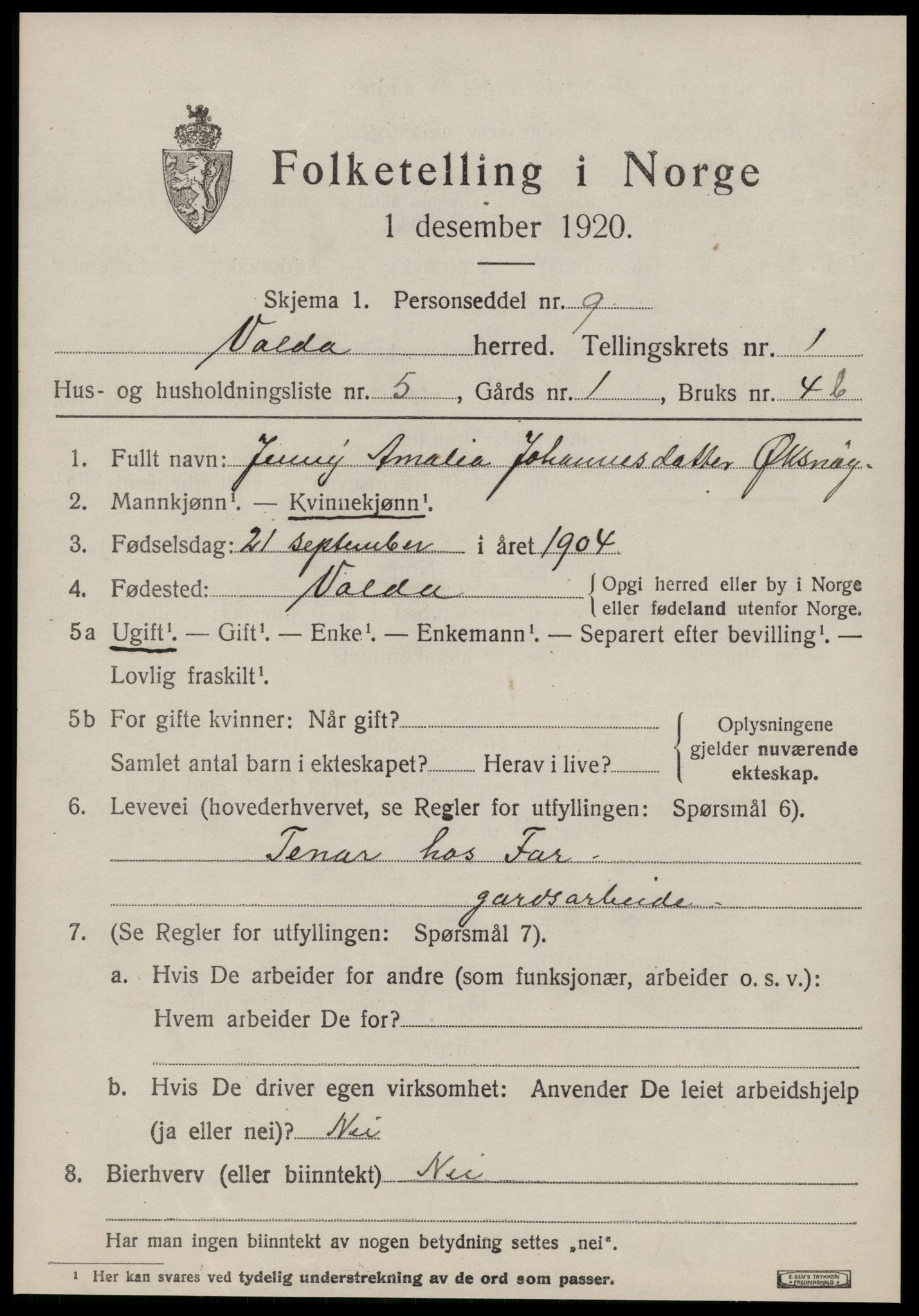 SAT, 1920 census for Volda, 1920, p. 1948