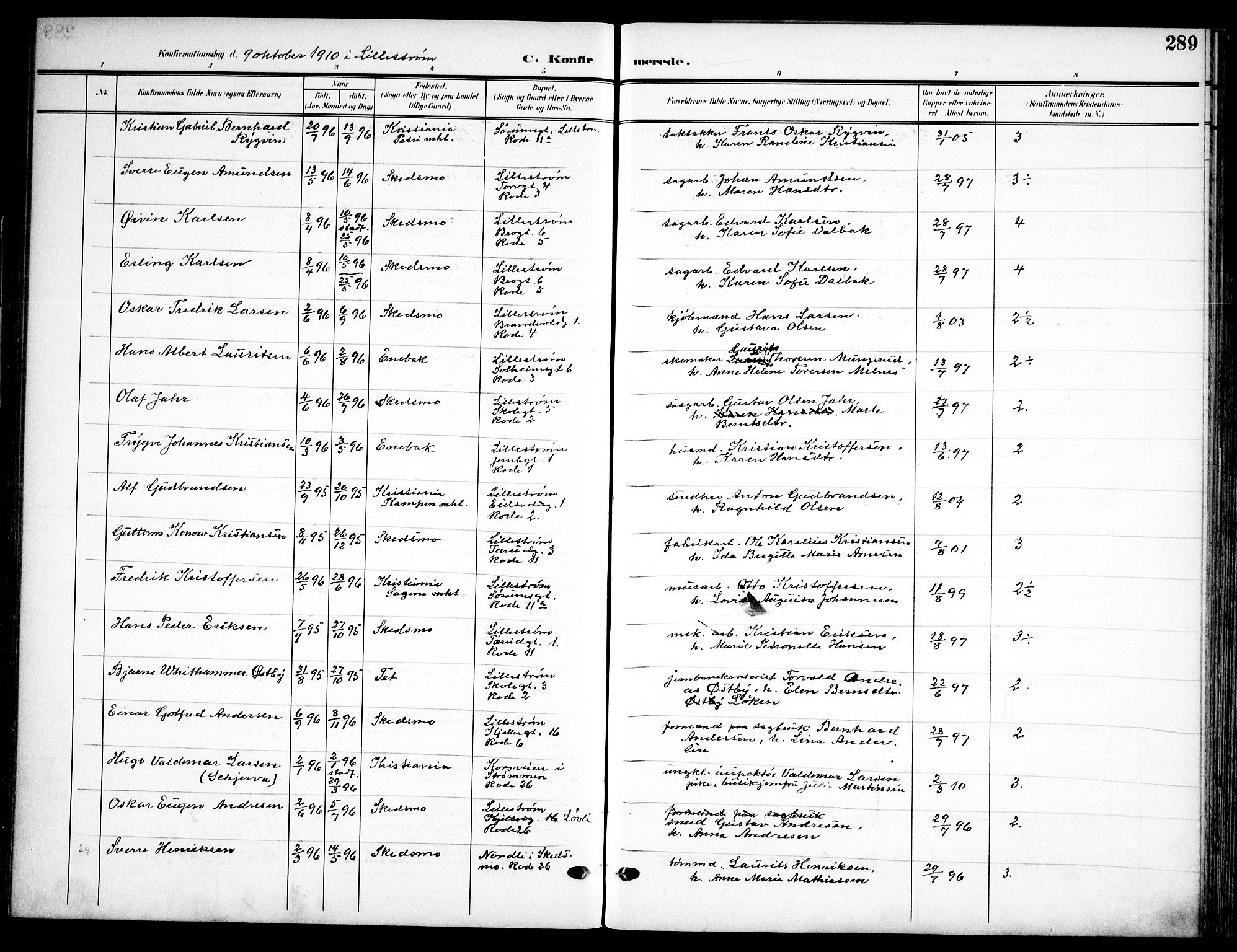 Skedsmo prestekontor Kirkebøker, AV/SAO-A-10033a/F/Fa/L0015: Parish register (official) no. I 15, 1902-1917, p. 289