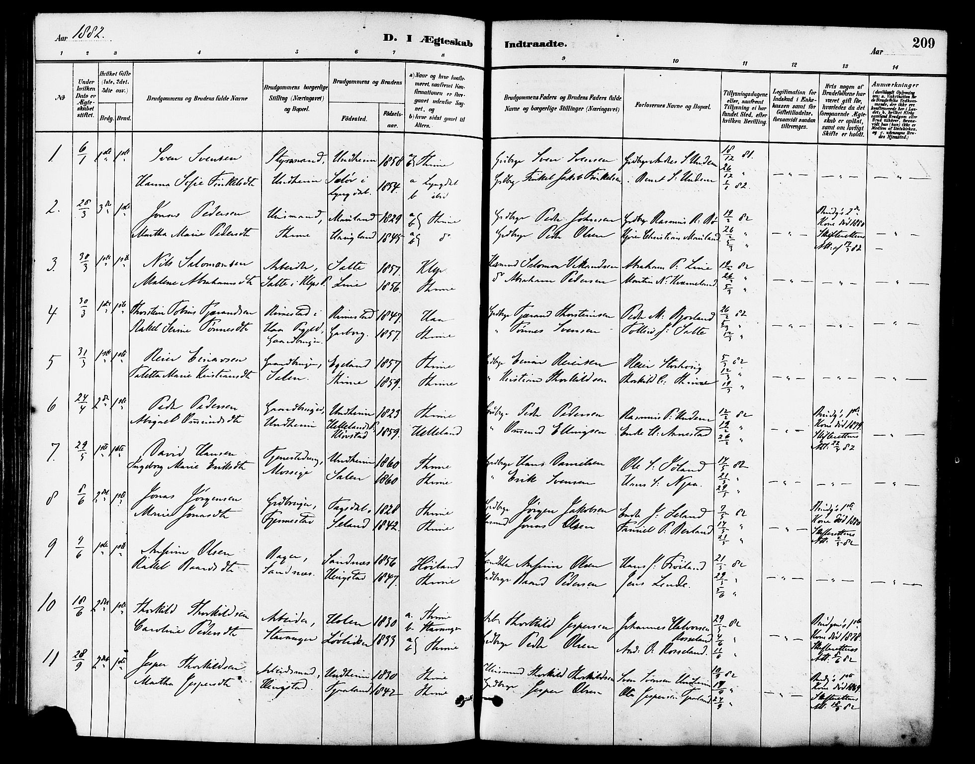 Lye sokneprestkontor, SAST/A-101794/001/30BA/L0009: Parish register (official) no. A 8, 1881-1892, p. 209