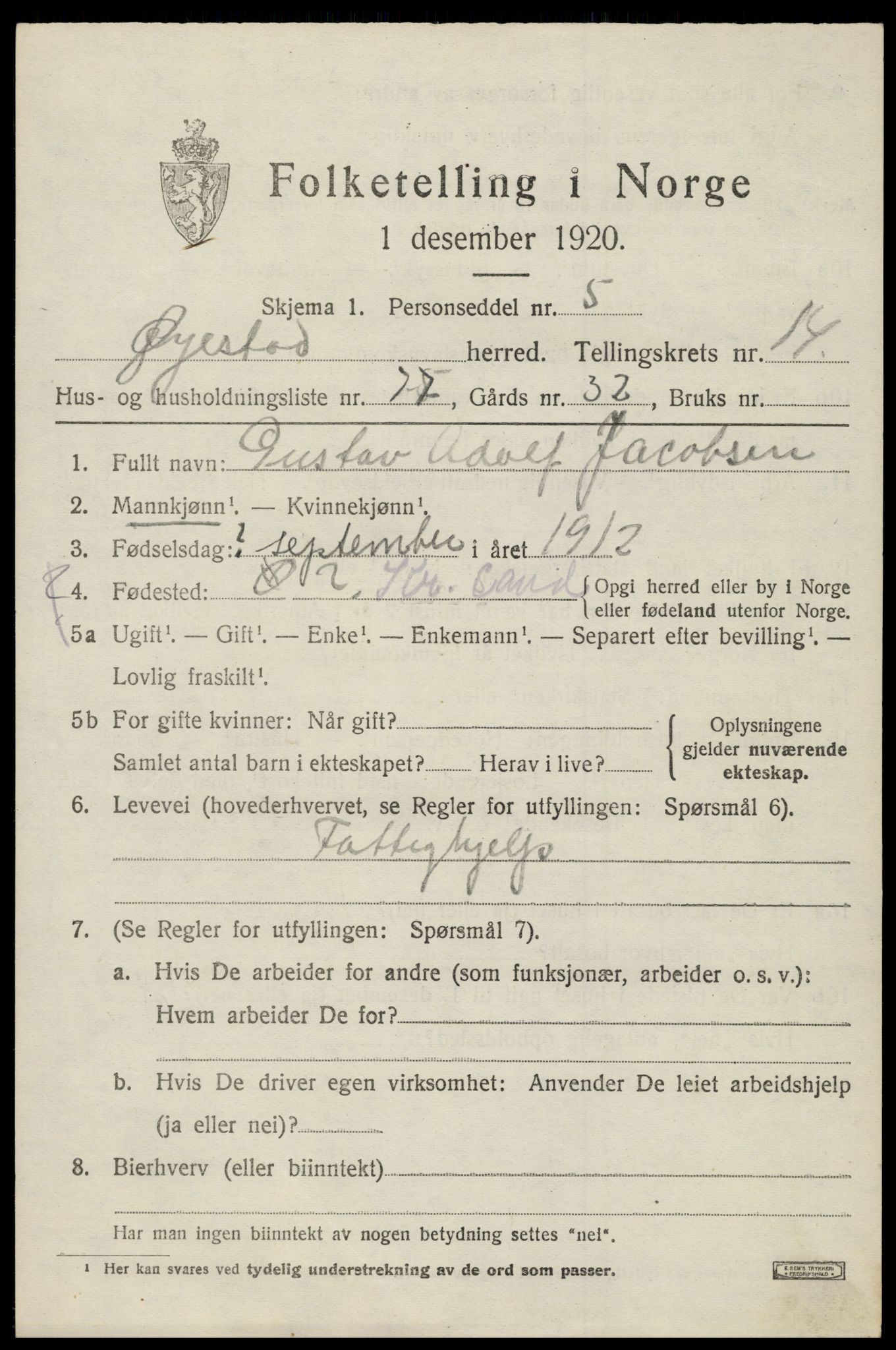 SAK, 1920 census for Øyestad, 1920, p. 10088