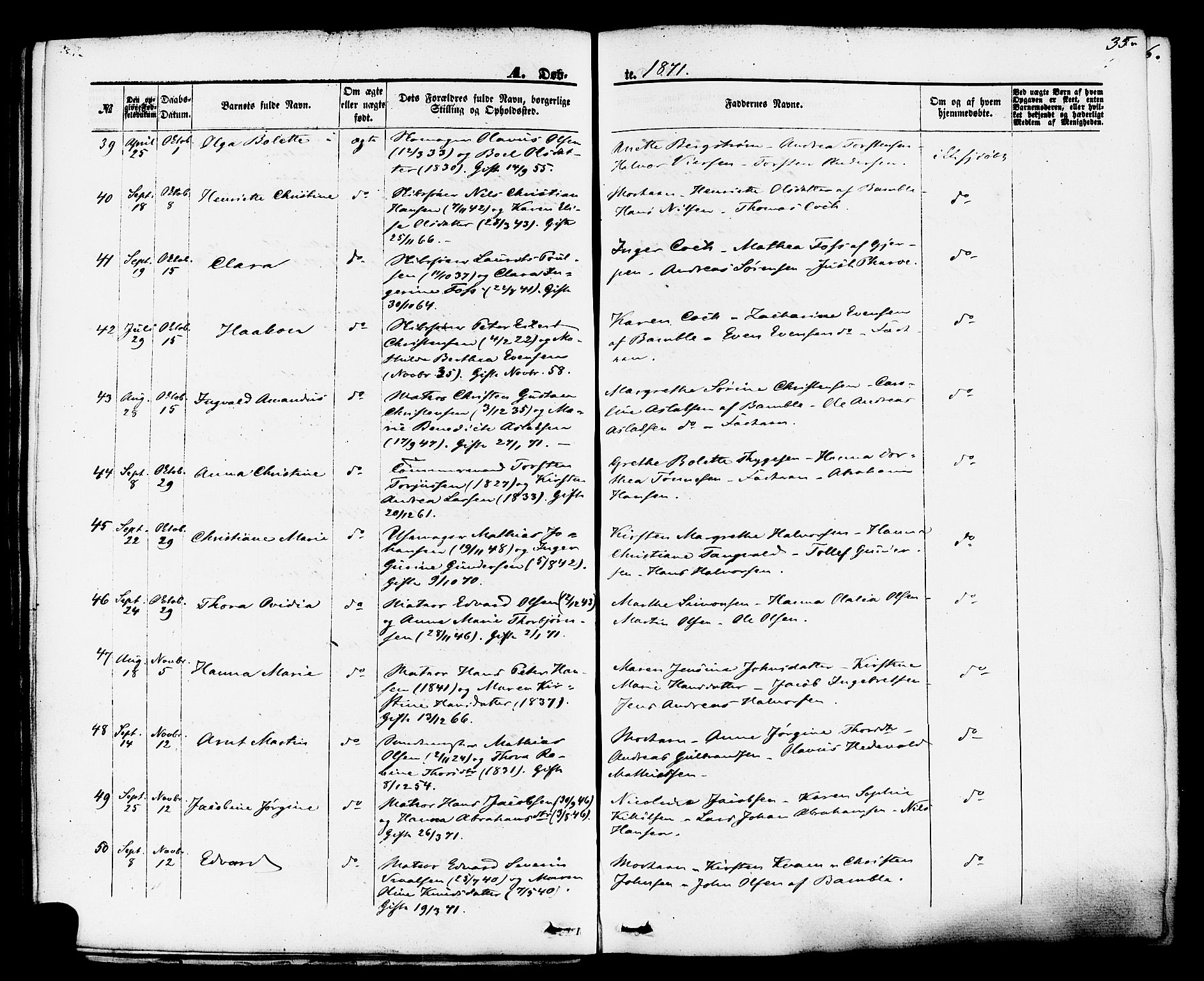 Brevik kirkebøker, AV/SAKO-A-255/F/Fa/L0006: Parish register (official) no. 6, 1866-1881, p. 35