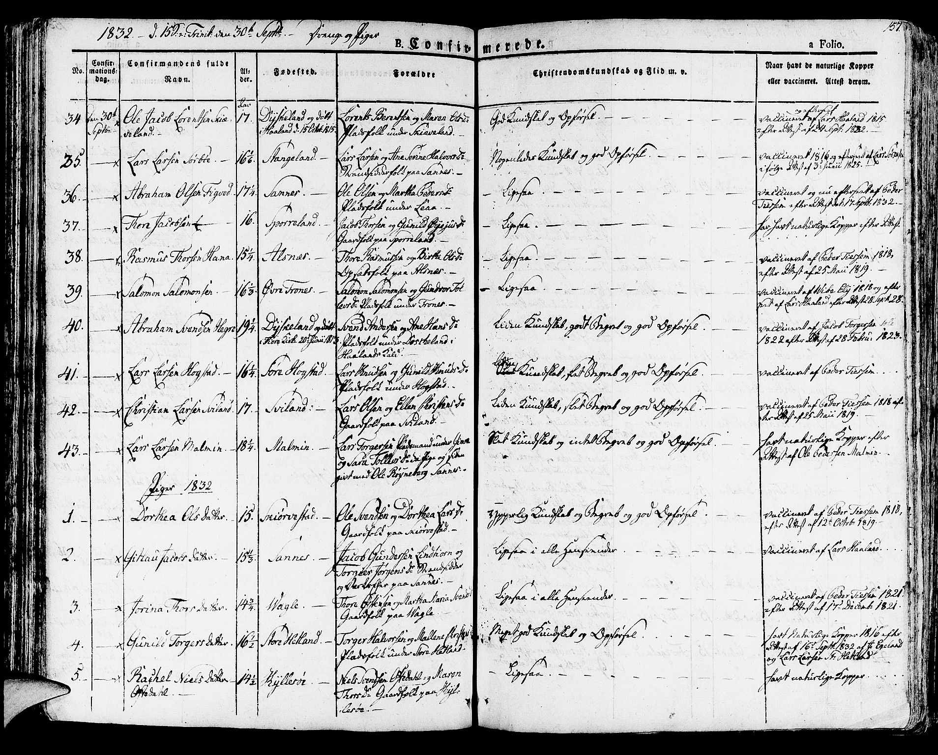 Høyland sokneprestkontor, AV/SAST-A-101799/001/30BA/L0007: Parish register (official) no. A 7 /1, 1825-1841, p. 157