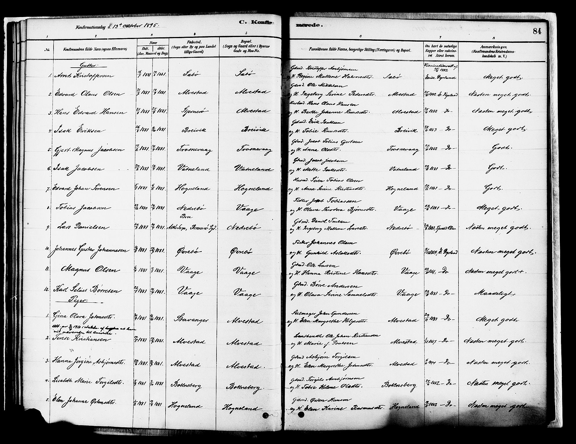 Tysvær sokneprestkontor, SAST/A -101864/H/Ha/Haa/L0007: Parish register (official) no. A 7, 1878-1897, p. 84