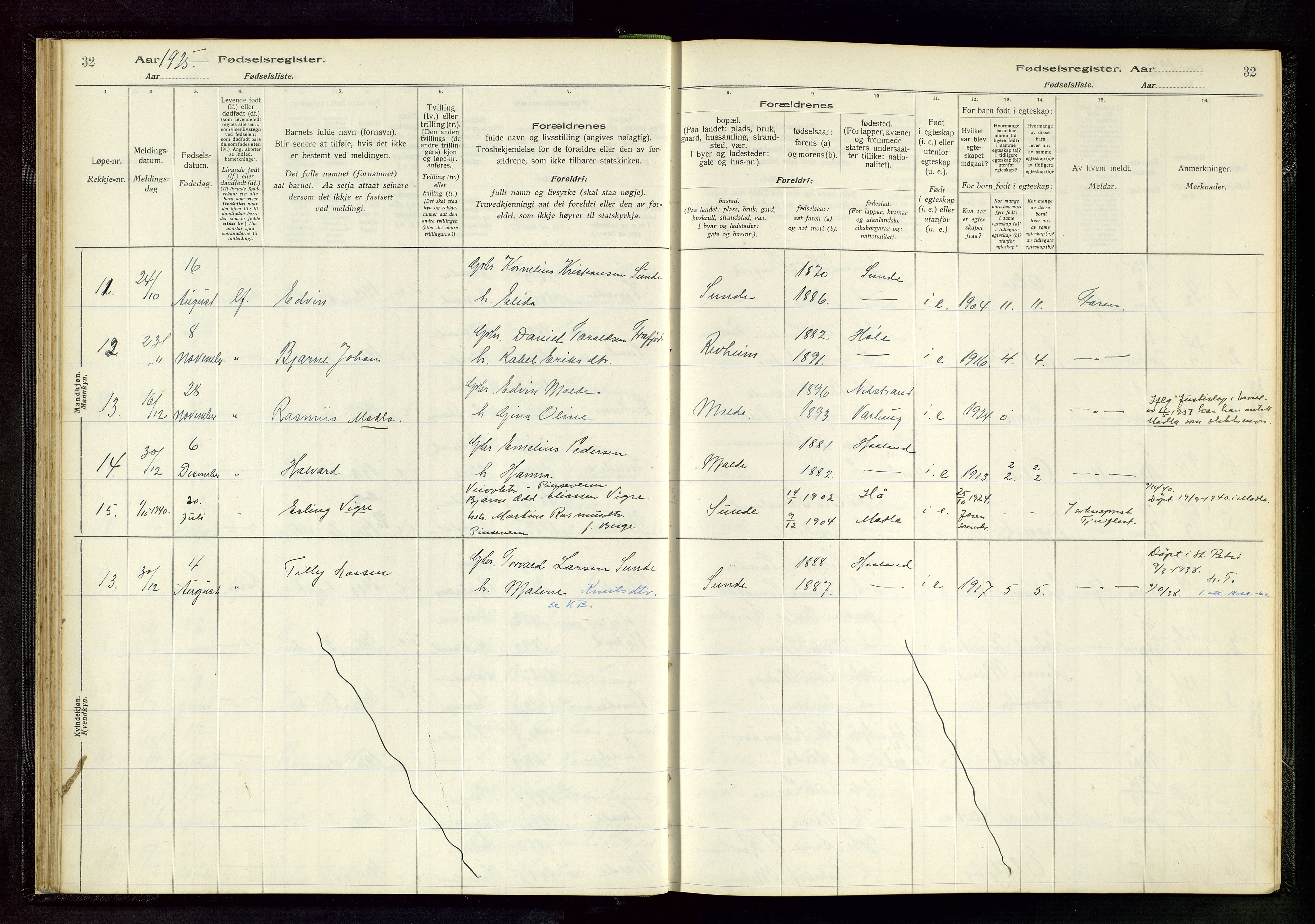 Håland sokneprestkontor, AV/SAST-A-101802/002/A/L0005: Birth register no. 5, 1916-1957, p. 32