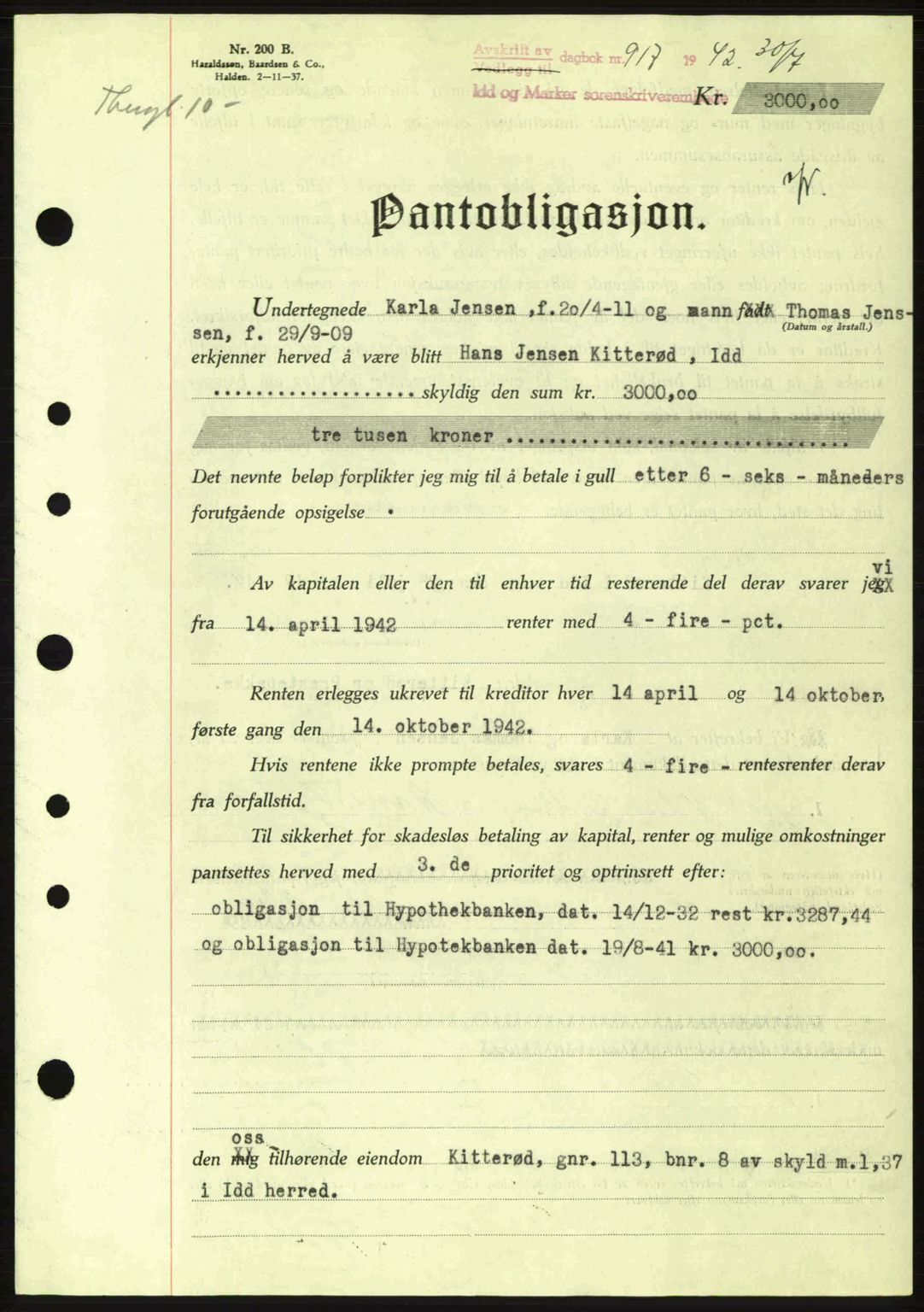 Idd og Marker sorenskriveri, AV/SAO-A-10283/G/Gb/Gbc/L0002: Mortgage book no. B4-9a, 1939-1945, Diary no: : 917/1942