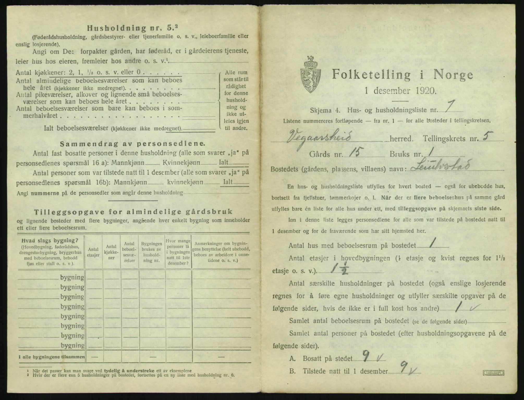 SAK, 1920 census for Vegårshei, 1920, p. 254