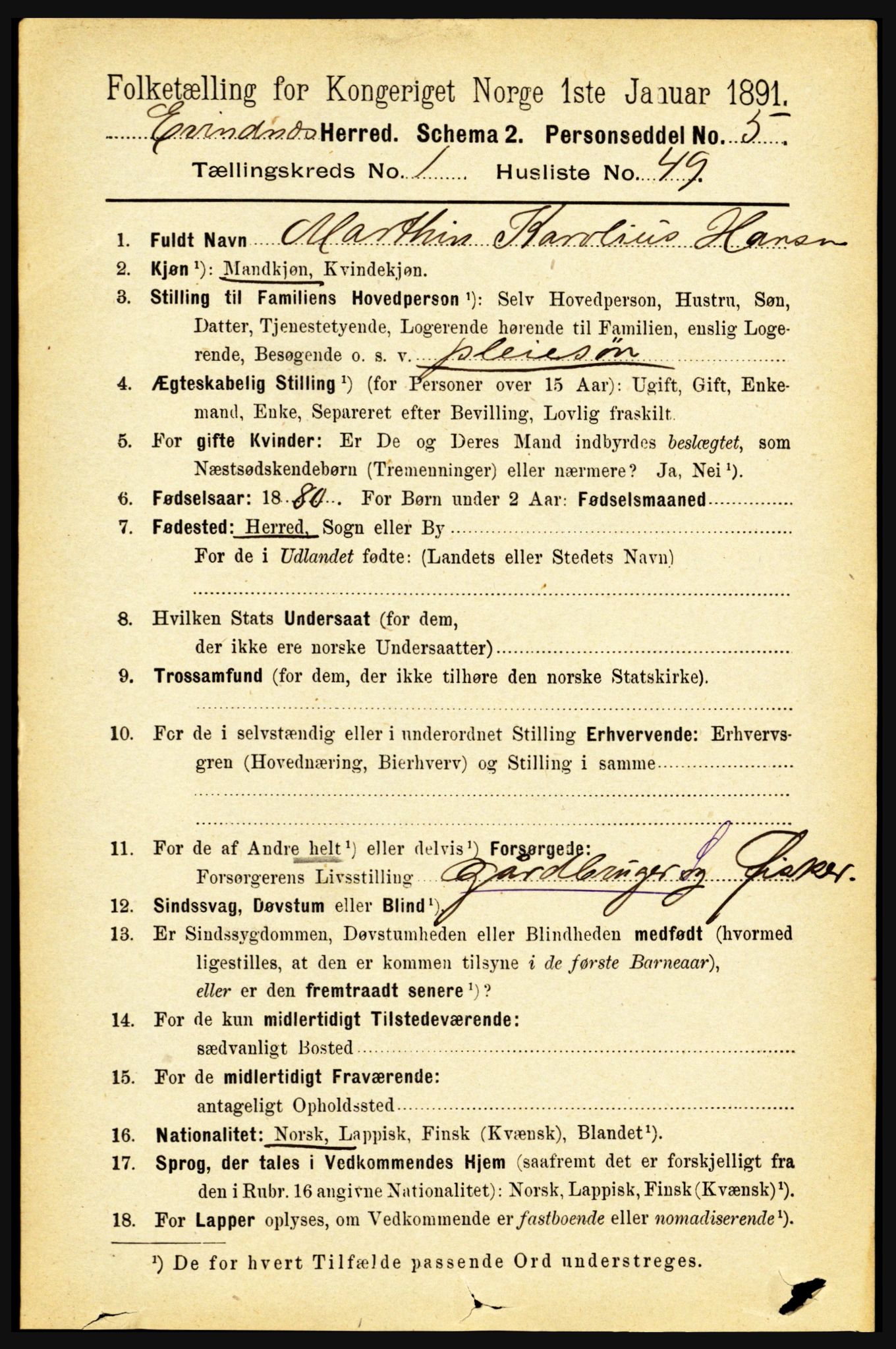 RA, 1891 census for 1853 Evenes, 1891, p. 379