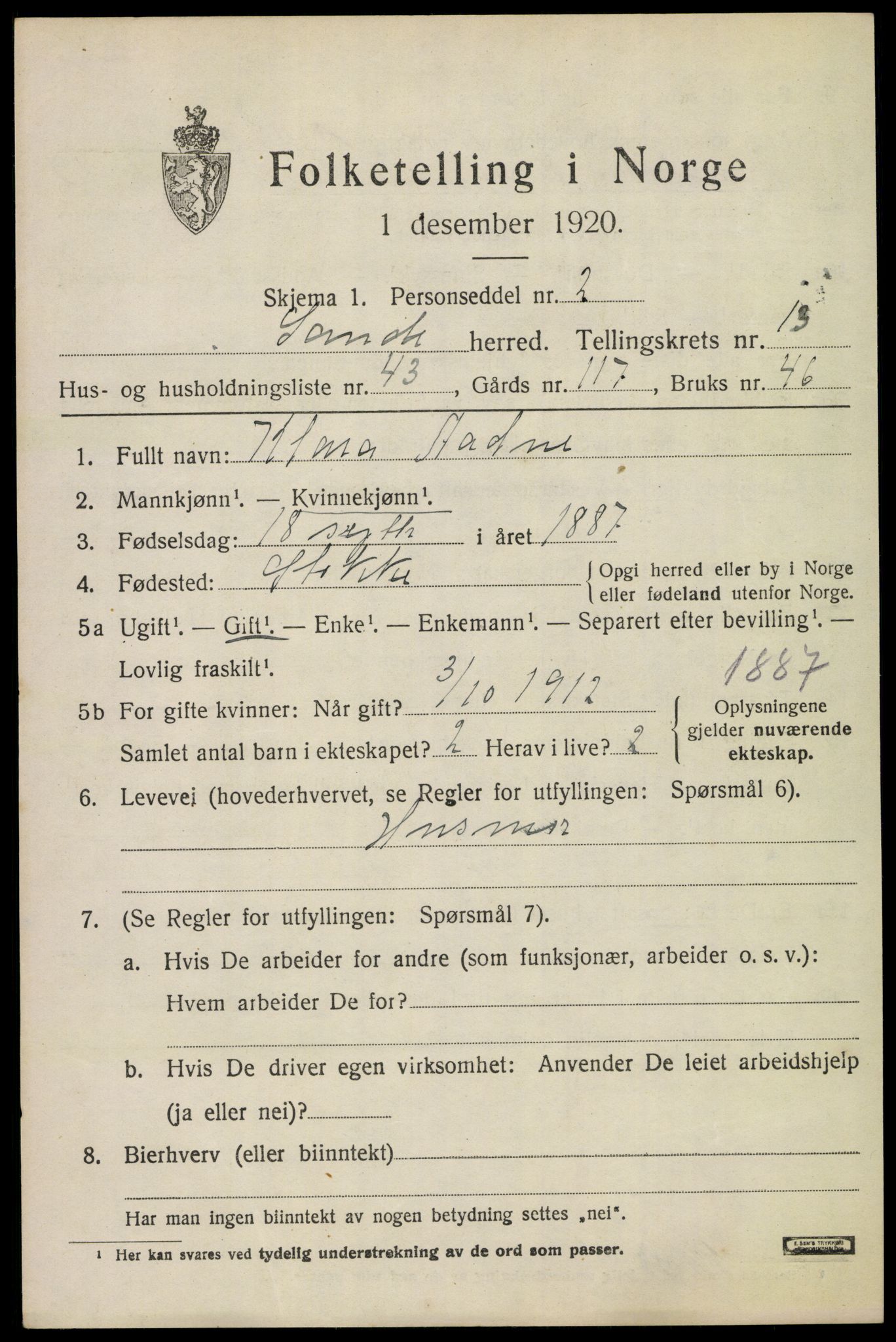SAKO, 1920 census for Sandeherred, 1920, p. 19810