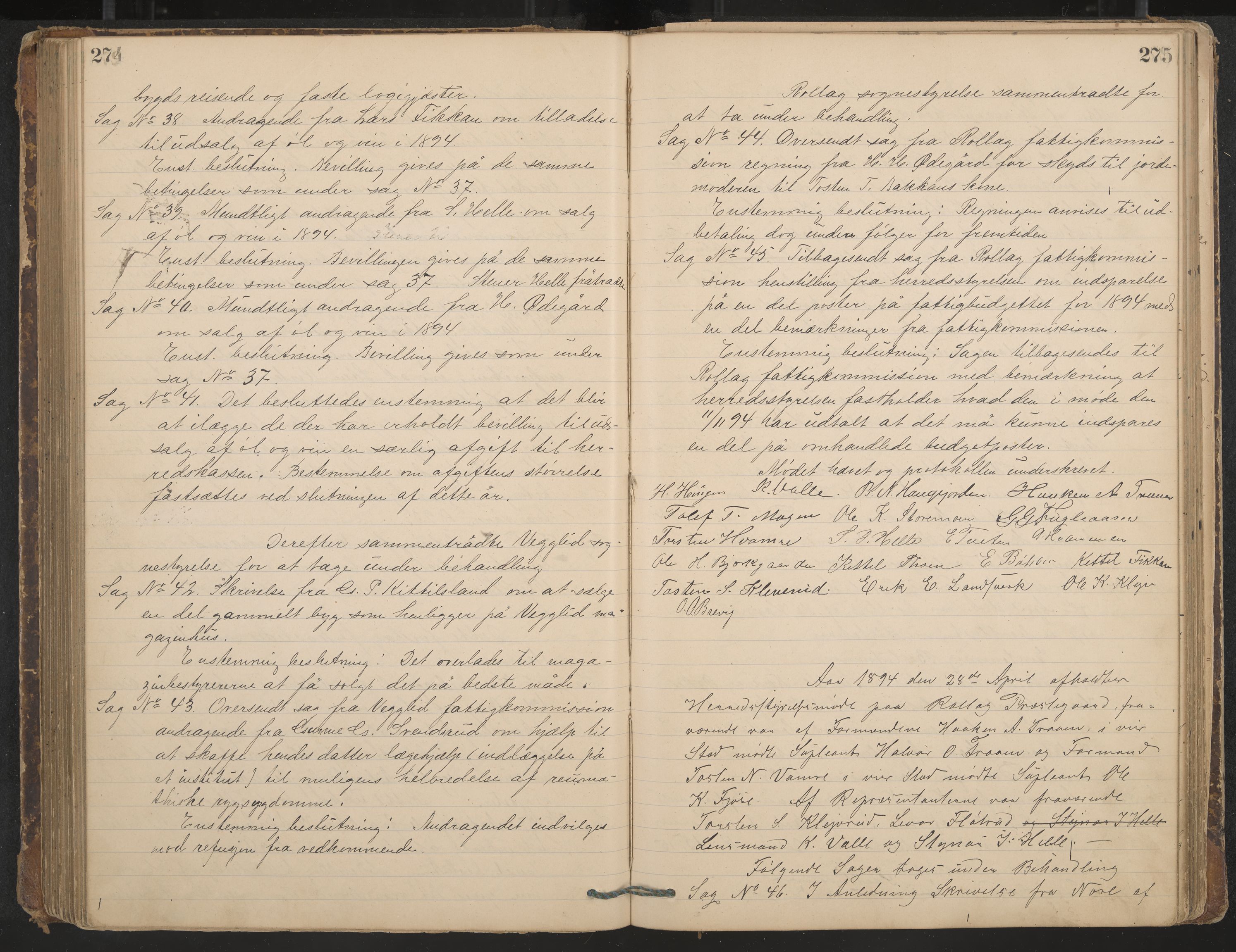 Rollag formannskap og sentraladministrasjon, IKAK/0632021-2/A/Aa/L0003: Møtebok, 1884-1897, p. 274-275