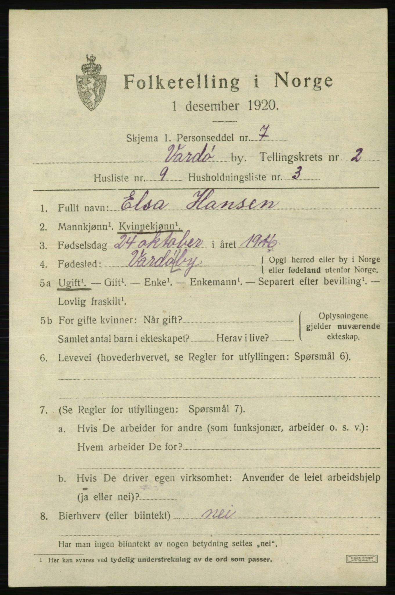 SATØ, 1920 census for Vardø, 1920, p. 5874