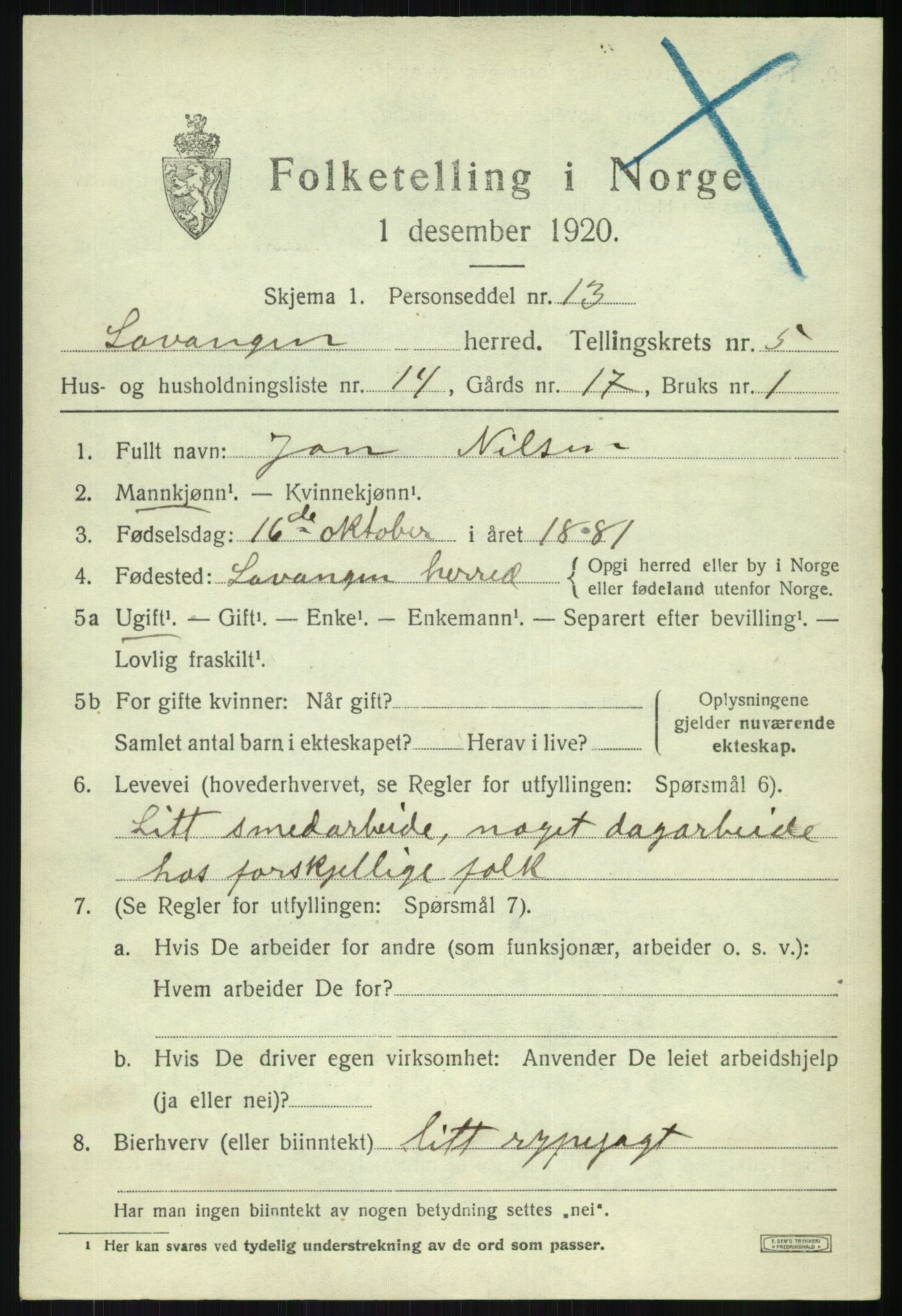 SATØ, 1920 census for Lavangen, 1920, p. 2525