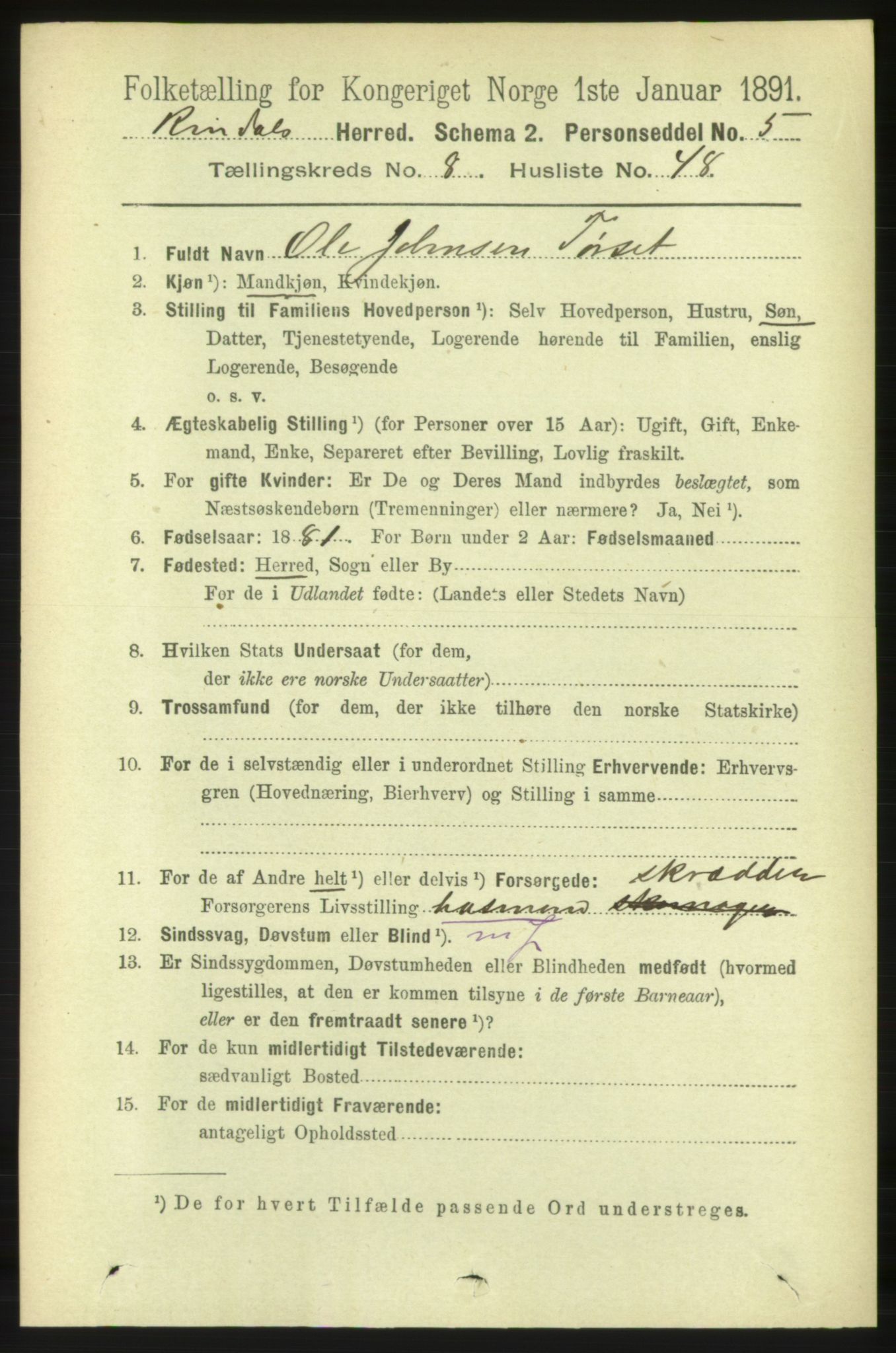 RA, 1891 census for 1567 Rindal, 1891, p. 2808