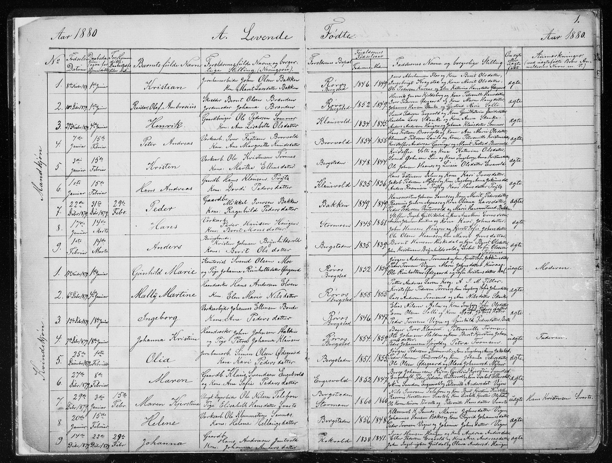 Ministerialprotokoller, klokkerbøker og fødselsregistre - Sør-Trøndelag, SAT/A-1456/681/L0940: Parish register (copy) no. 681C04, 1880-1895, p. 1