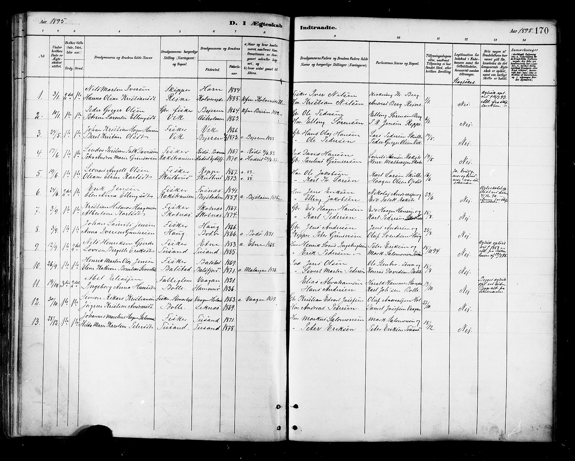Ministerialprotokoller, klokkerbøker og fødselsregistre - Nordland, SAT/A-1459/881/L1167: Parish register (copy) no. 881C04, 1886-1899, p. 170