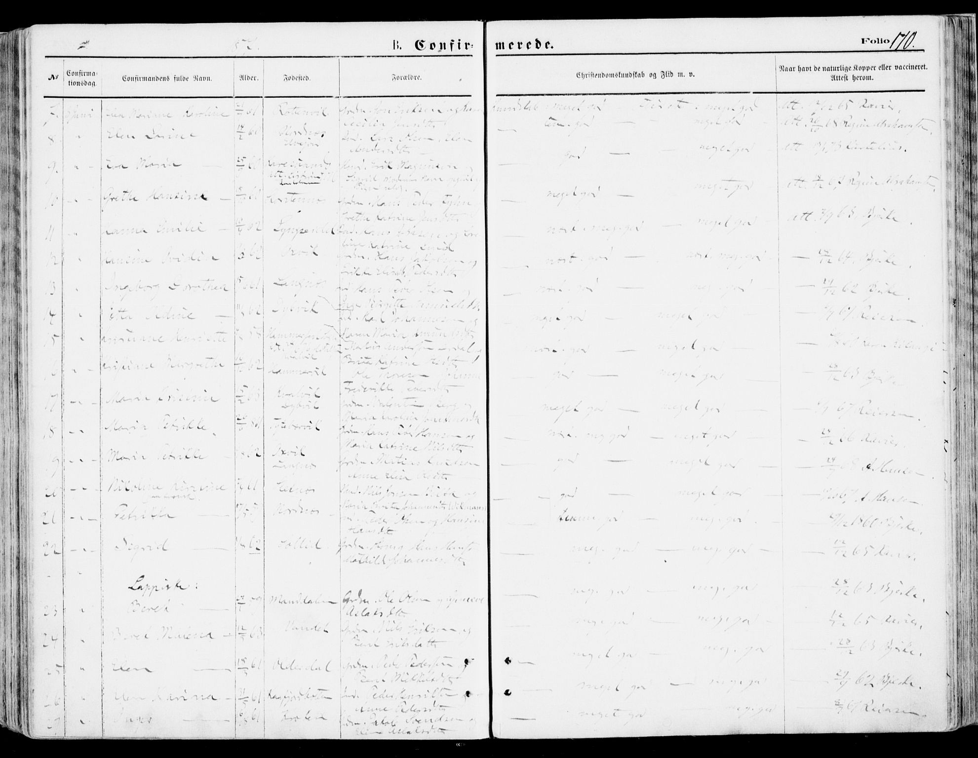 Lyngen sokneprestembete, AV/SATØ-S-1289/H/He/Hea/L0006kirke: Parish register (official) no. 6, 1870-1878, p. 170