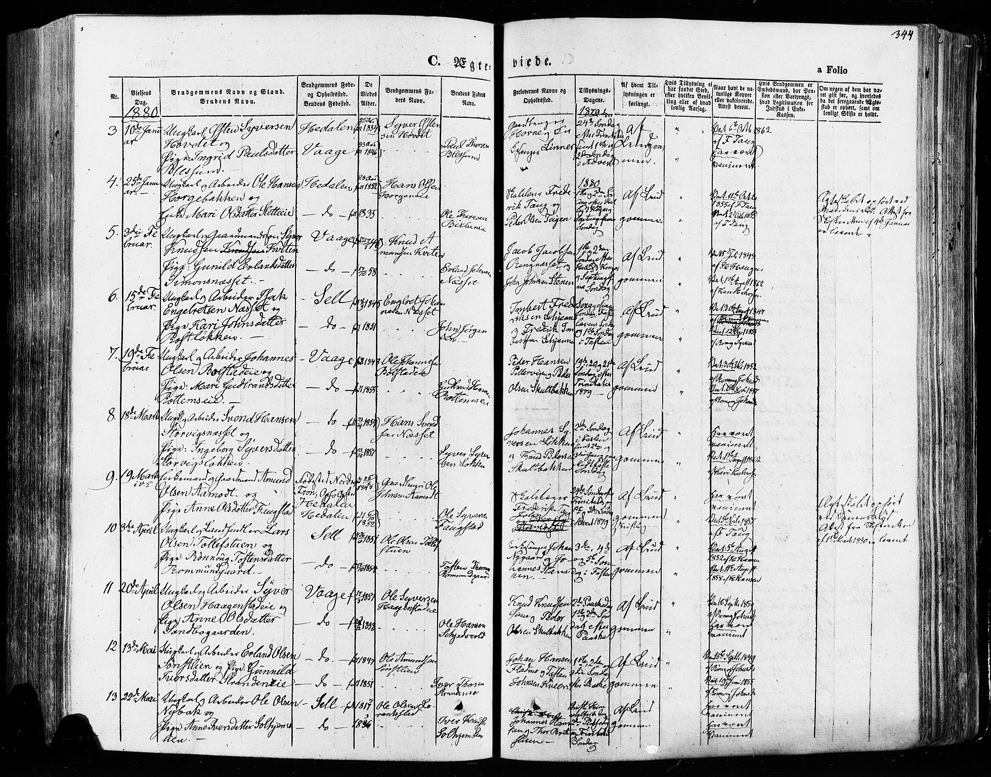 Vågå prestekontor, SAH/PREST-076/H/Ha/Haa/L0007: Parish register (official) no. 7 /1, 1872-1886, p. 344