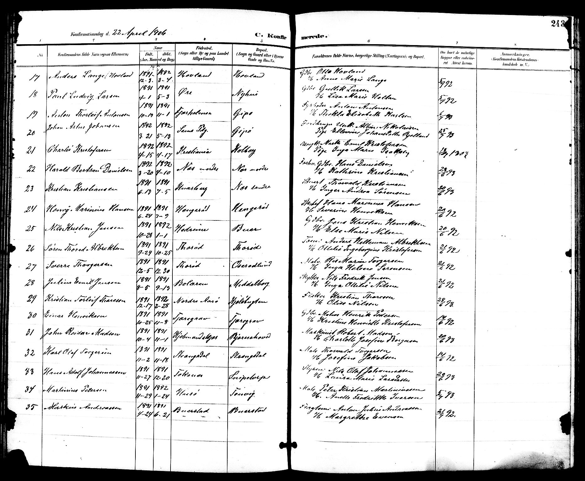 Nøtterøy kirkebøker, AV/SAKO-A-354/G/Ga/L0004: Parish register (copy) no. I 4, 1894-1909, p. 243