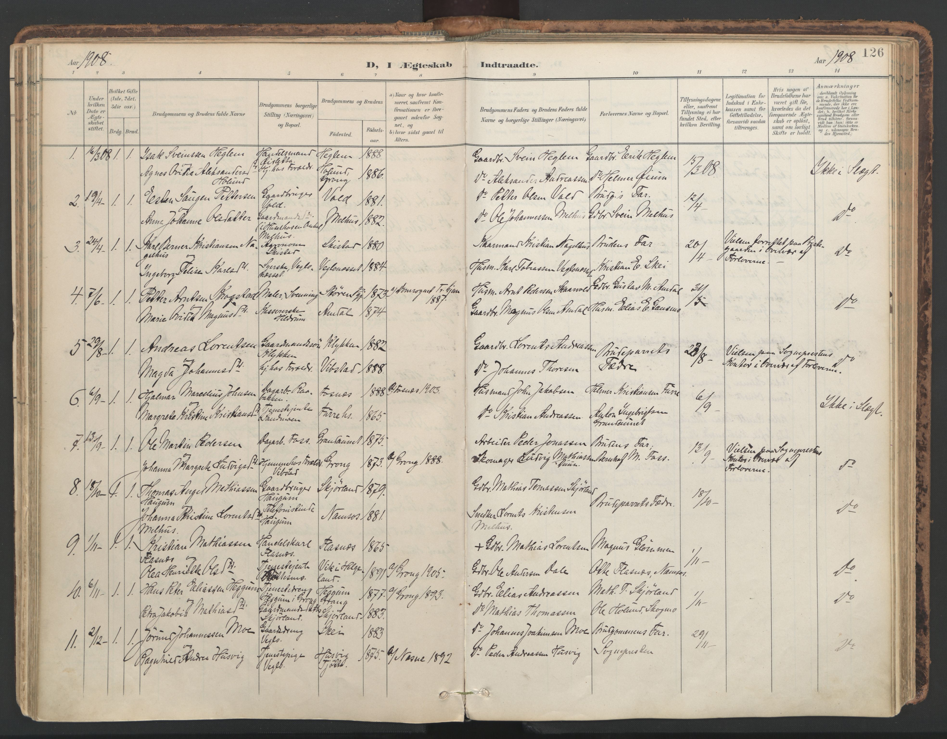 Ministerialprotokoller, klokkerbøker og fødselsregistre - Nord-Trøndelag, SAT/A-1458/764/L0556: Parish register (official) no. 764A11, 1897-1924, p. 126
