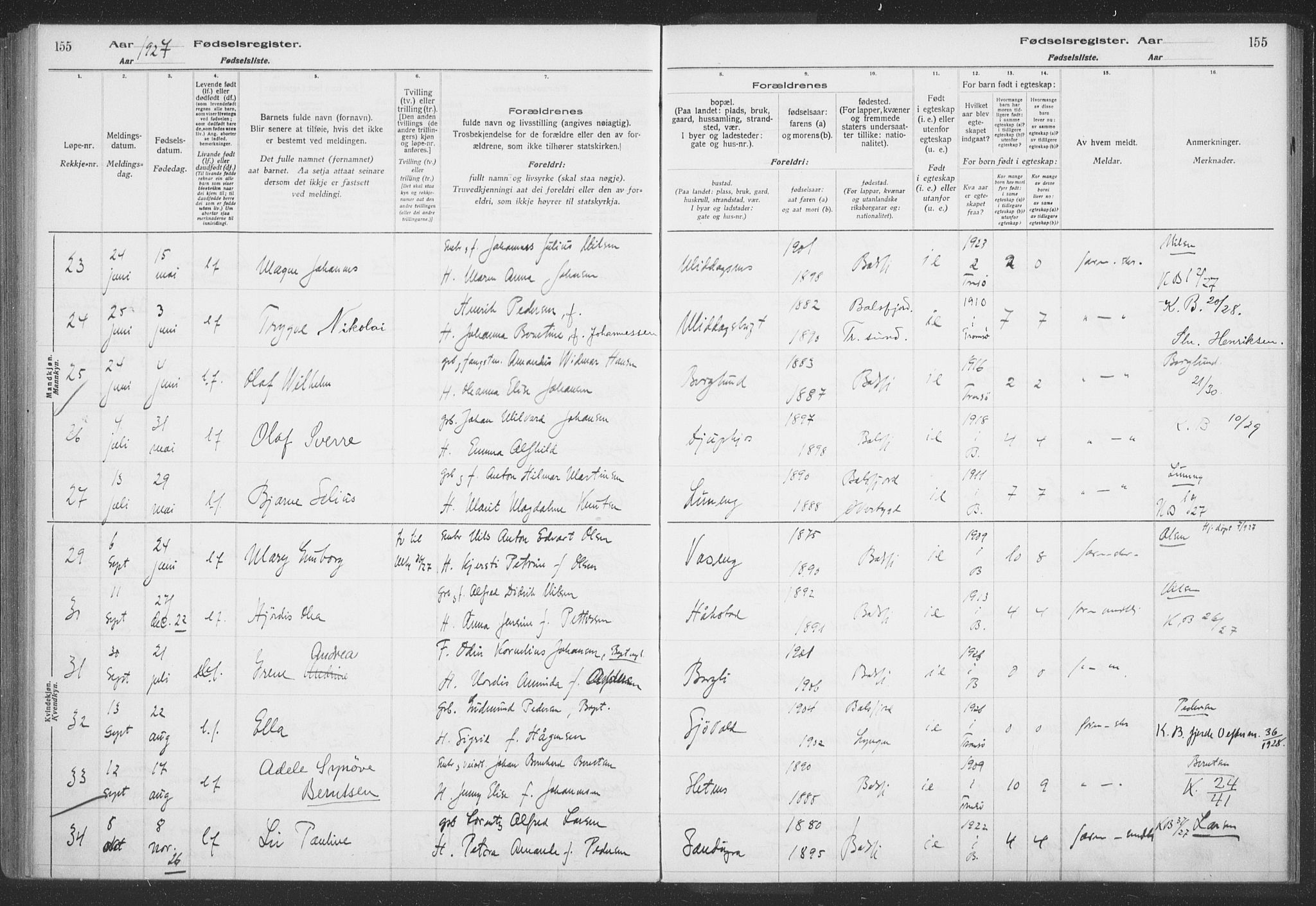 Balsfjord sokneprestembete, AV/SATØ-S-1303/H/Hb/L0059: Birth register no. 59, 1916-1930, p. 155