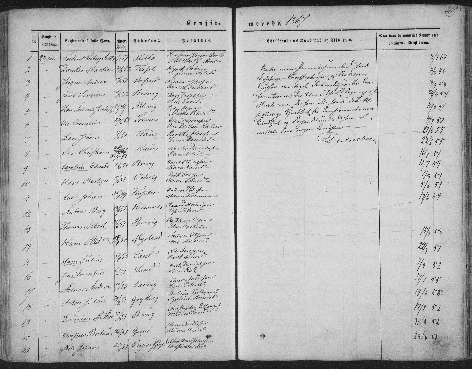 Ministerialprotokoller, klokkerbøker og fødselsregistre - Nordland, AV/SAT-A-1459/888/L1241: Parish register (official) no. 888A07, 1849-1869, p. 219