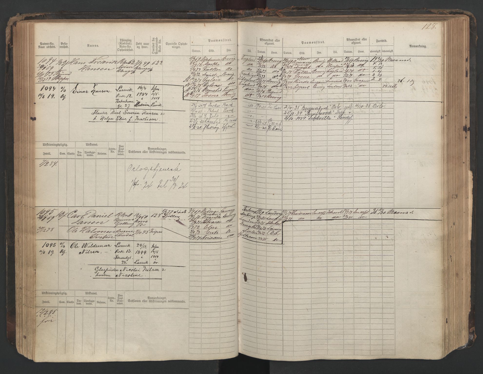 Larvik innrulleringskontor, SAKO/A-787/F/Fc/L0003: Hovedrulle, 1868, p. 128