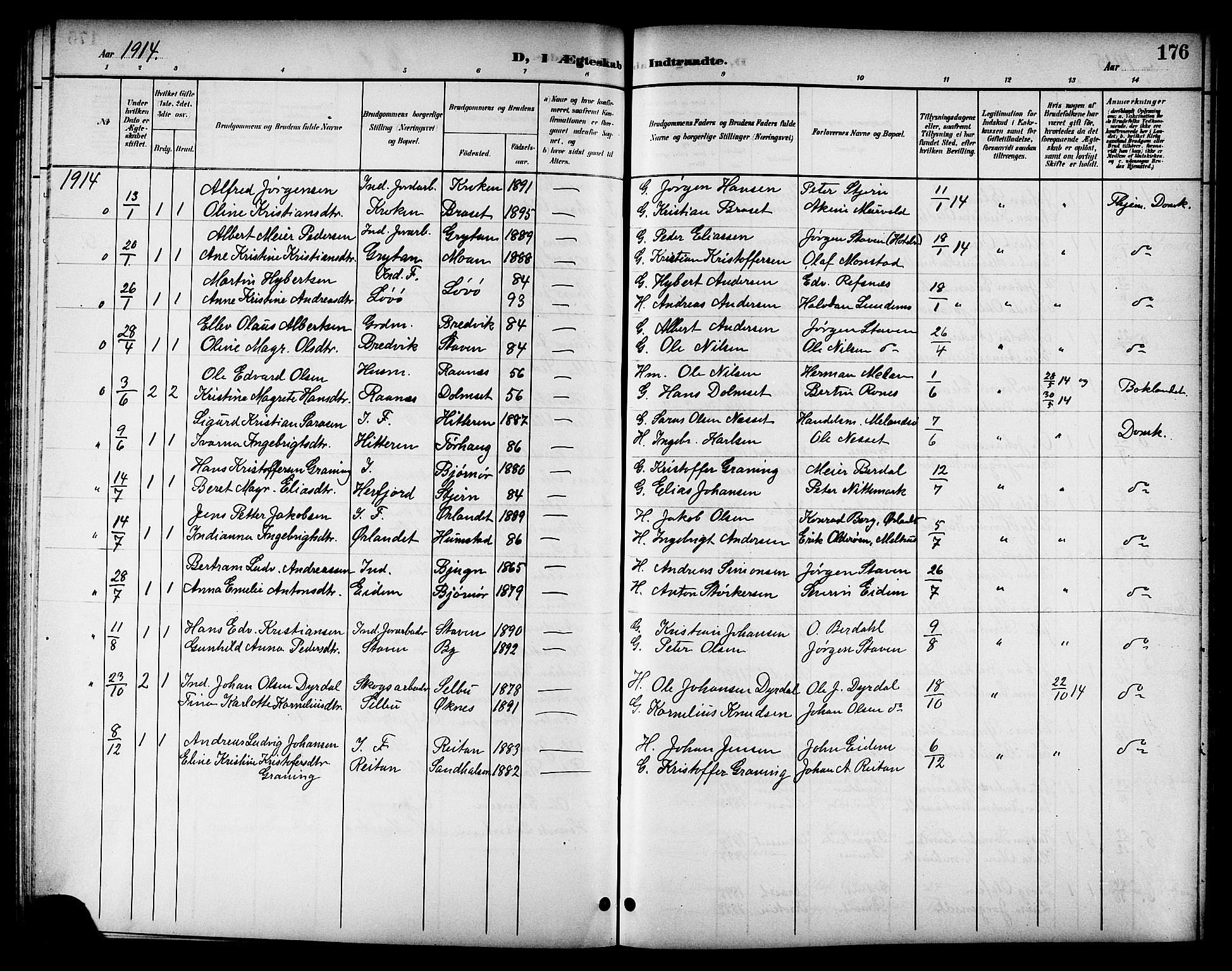 Ministerialprotokoller, klokkerbøker og fødselsregistre - Sør-Trøndelag, SAT/A-1456/655/L0688: Parish register (copy) no. 655C04, 1899-1922, p. 176