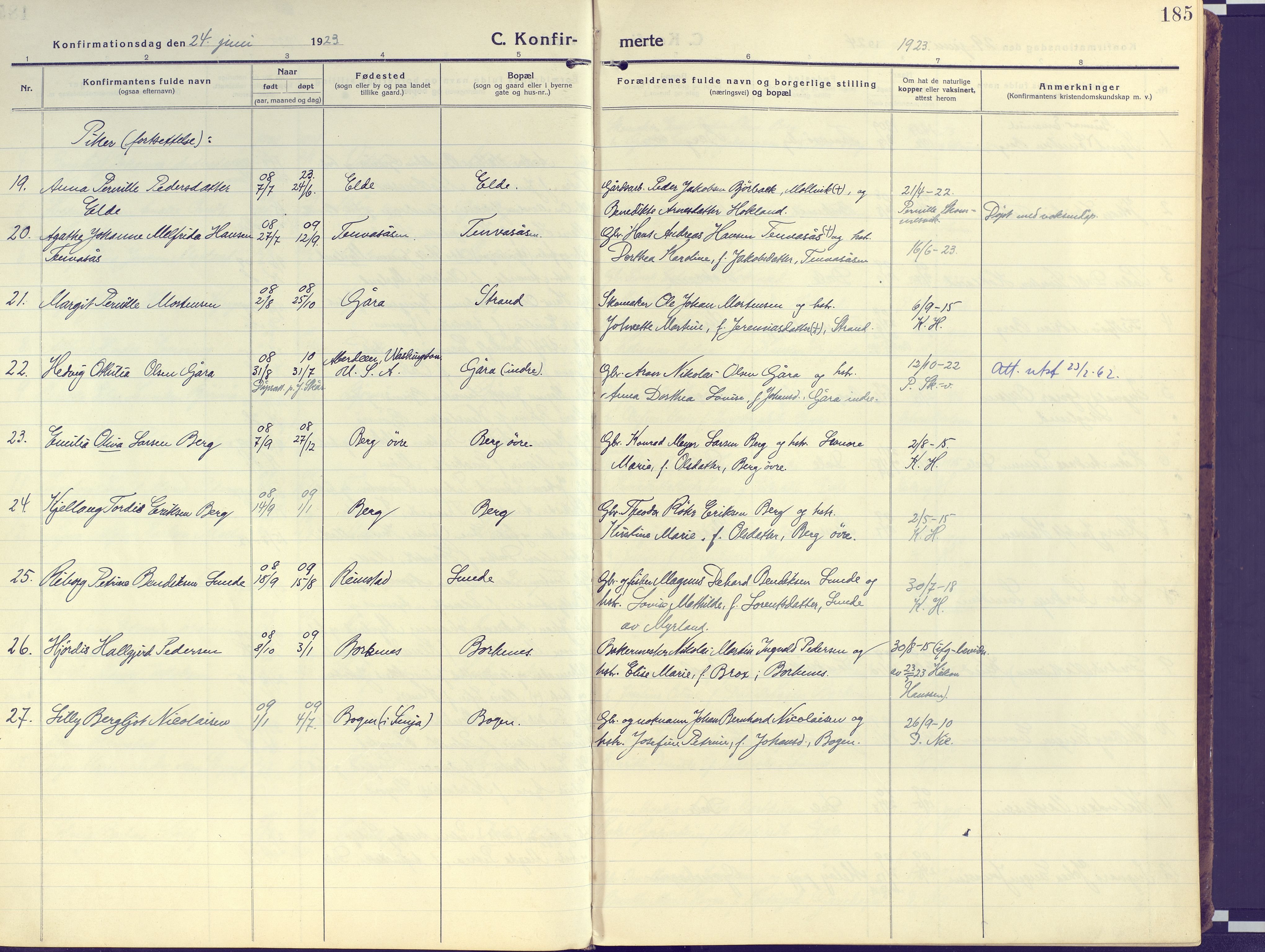 Kvæfjord sokneprestkontor, SATØ/S-1323/G/Ga/Gaa/L0007kirke: Parish register (official) no. 7, 1915-1931, p. 185