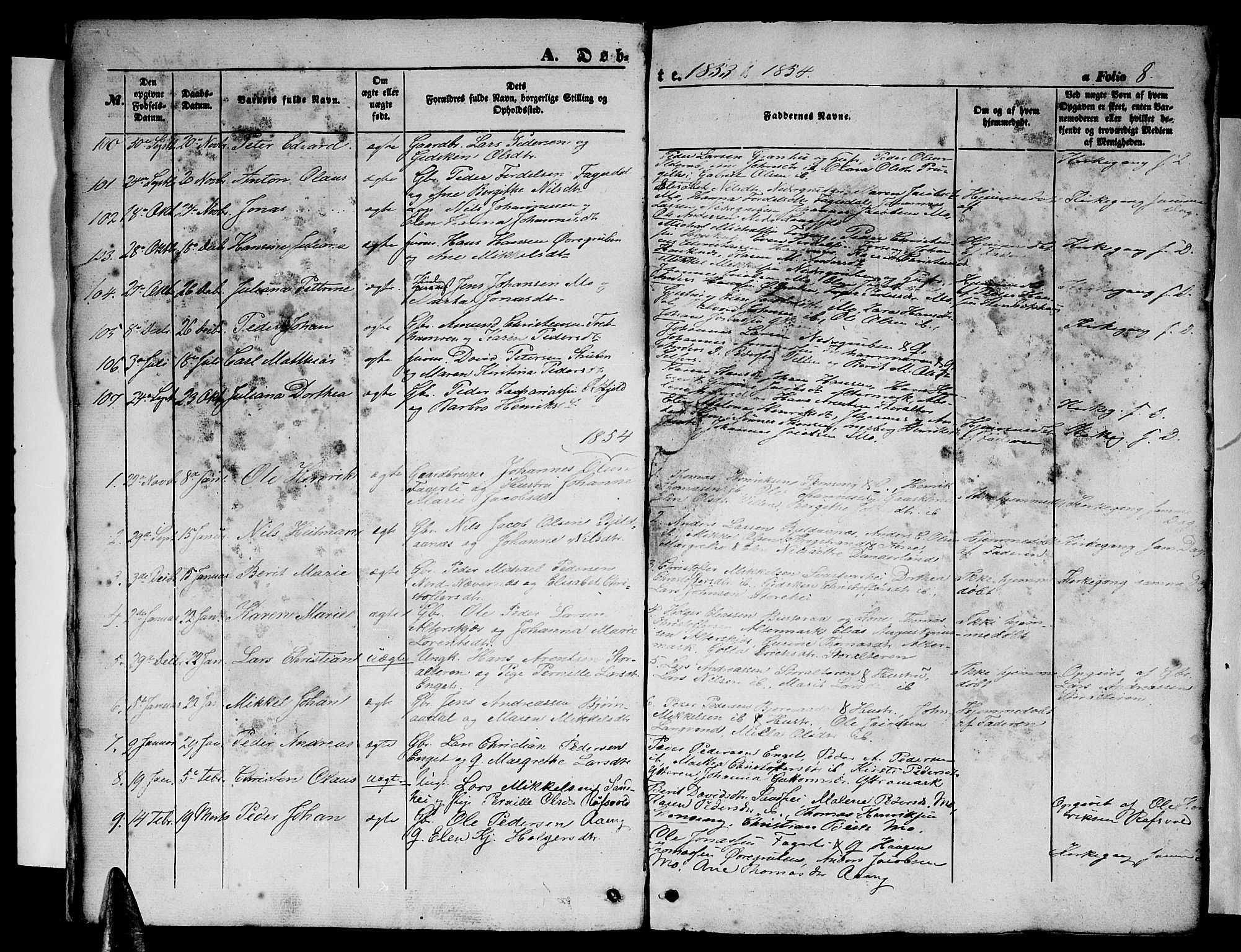 Ministerialprotokoller, klokkerbøker og fødselsregistre - Nordland, SAT/A-1459/827/L0414: Parish register (copy) no. 827C03, 1853-1865, p. 8