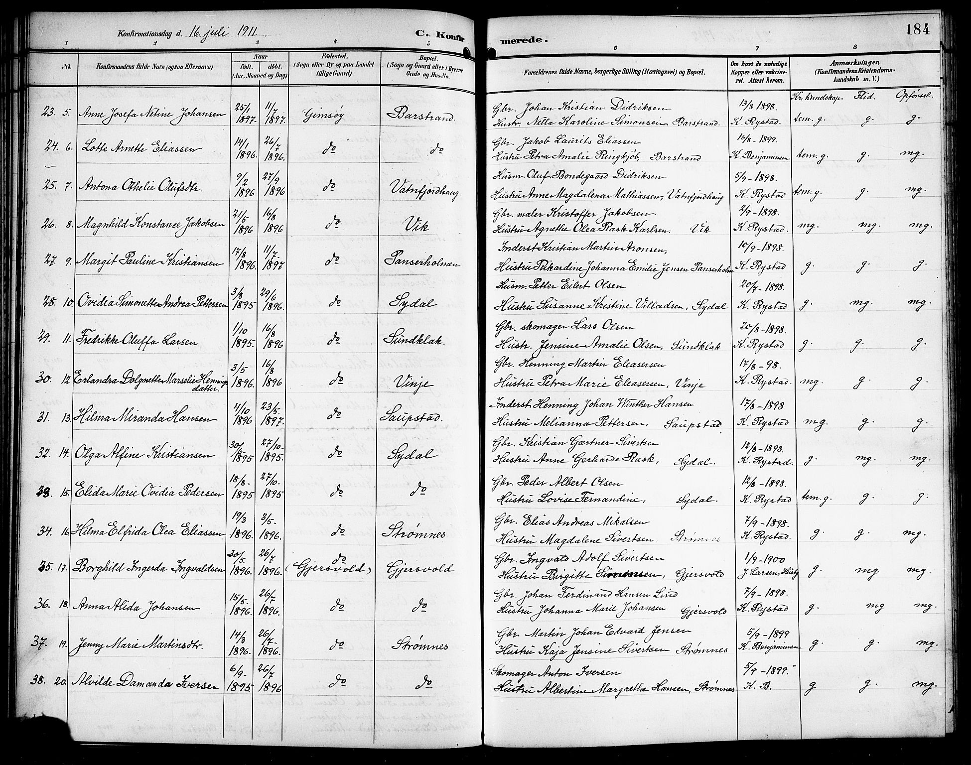 Ministerialprotokoller, klokkerbøker og fødselsregistre - Nordland, AV/SAT-A-1459/876/L1105: Parish register (copy) no. 876C04, 1896-1914, p. 184