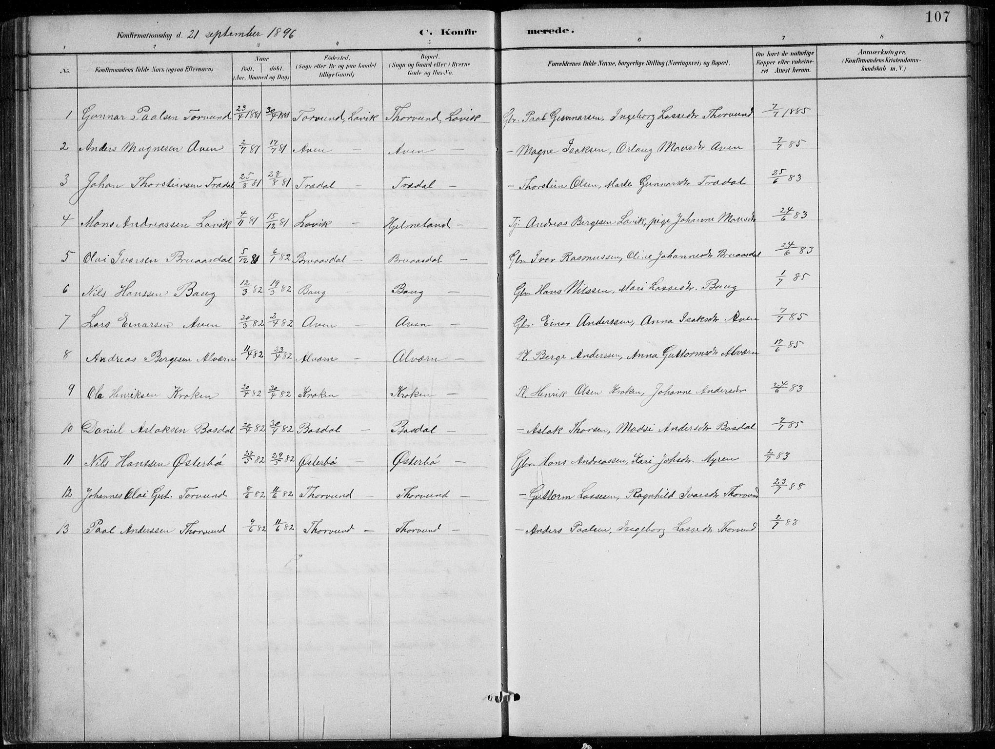 Lavik sokneprestembete, SAB/A-80901: Parish register (copy) no. A 2, 1882-1910, p. 107