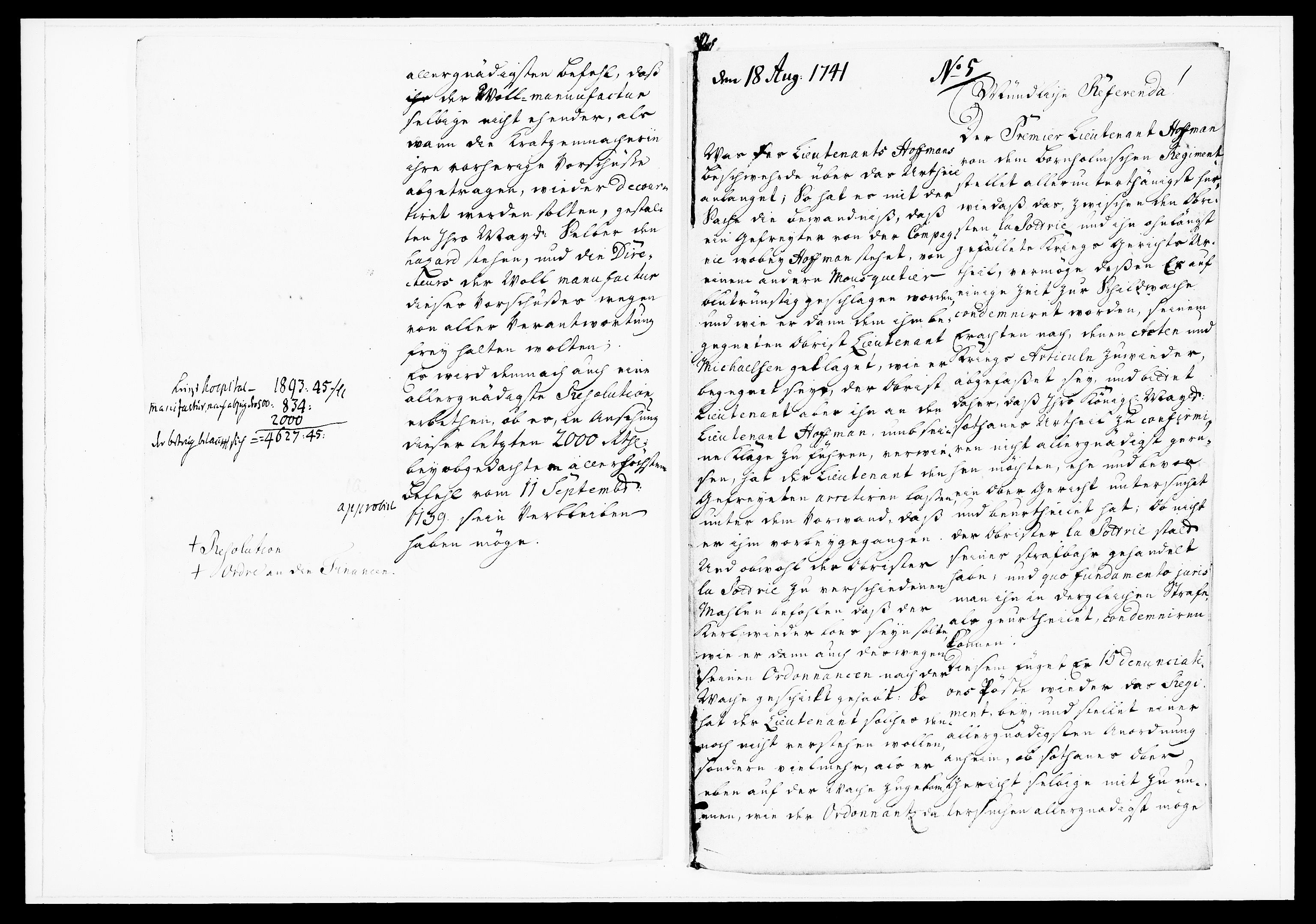 Krigskollegiet, Krigskancelliet, DRA/A-0006/-/1165-1170: Refererede sager, 1741, p. 293