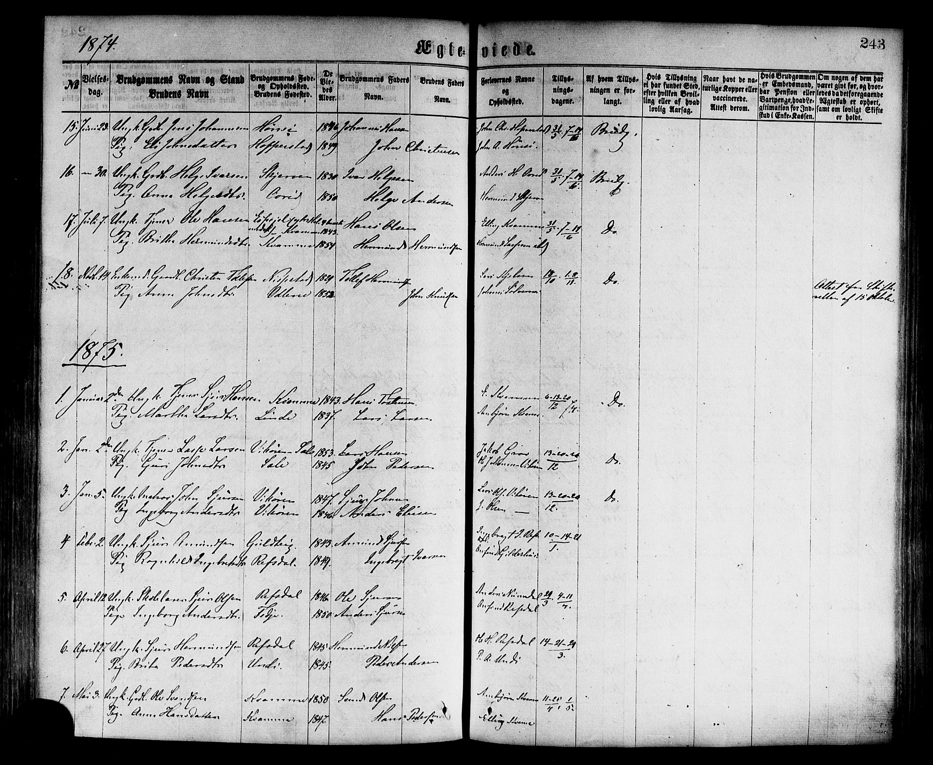Vik sokneprestembete, SAB/A-81501: Parish register (official) no. A 9, 1866-1877, p. 243