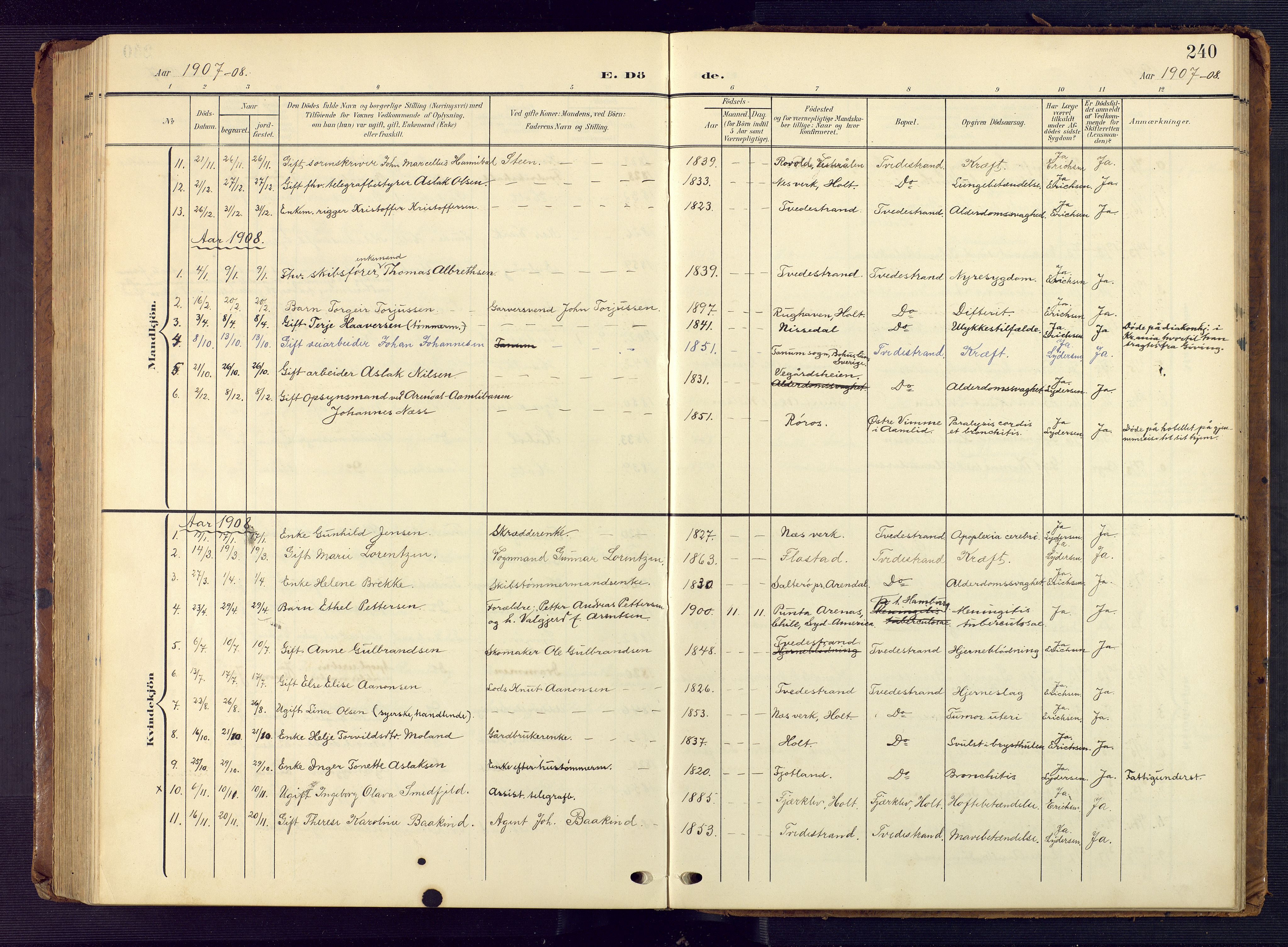 Tvedestrand sokneprestkontor, SAK/1111-0042/F/Fb/L0001: Parish register (copy) no. B 1, 1902-1956, p. 240