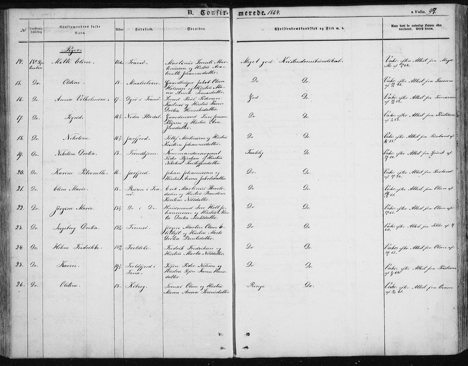 Vardø sokneprestkontor, SATØ/S-1332/H/Ha/L0004kirke: Parish register (official) no. 4, 1862-1871, p. 97