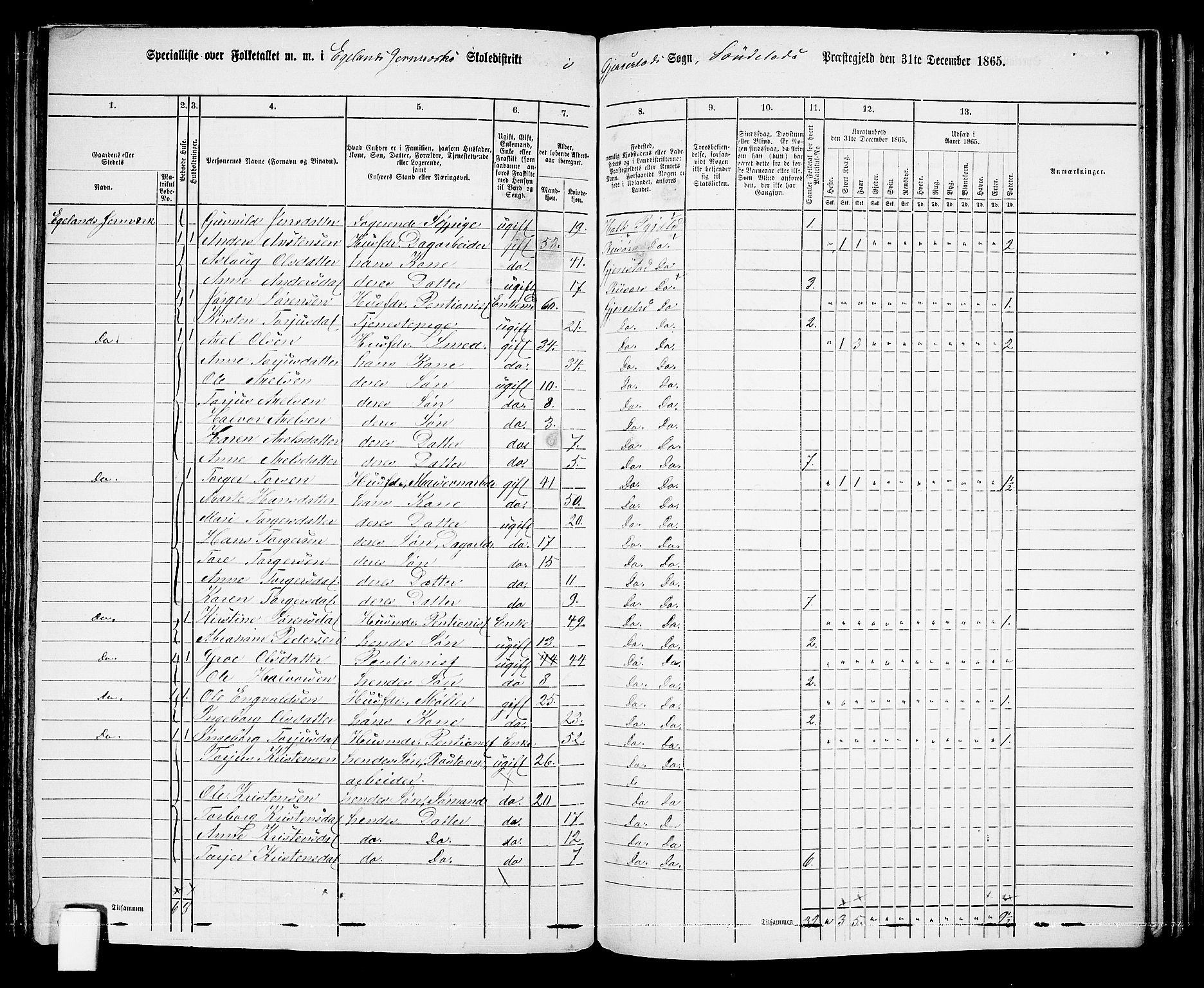 RA, 1865 census for Gjerstad, 1865, p. 123