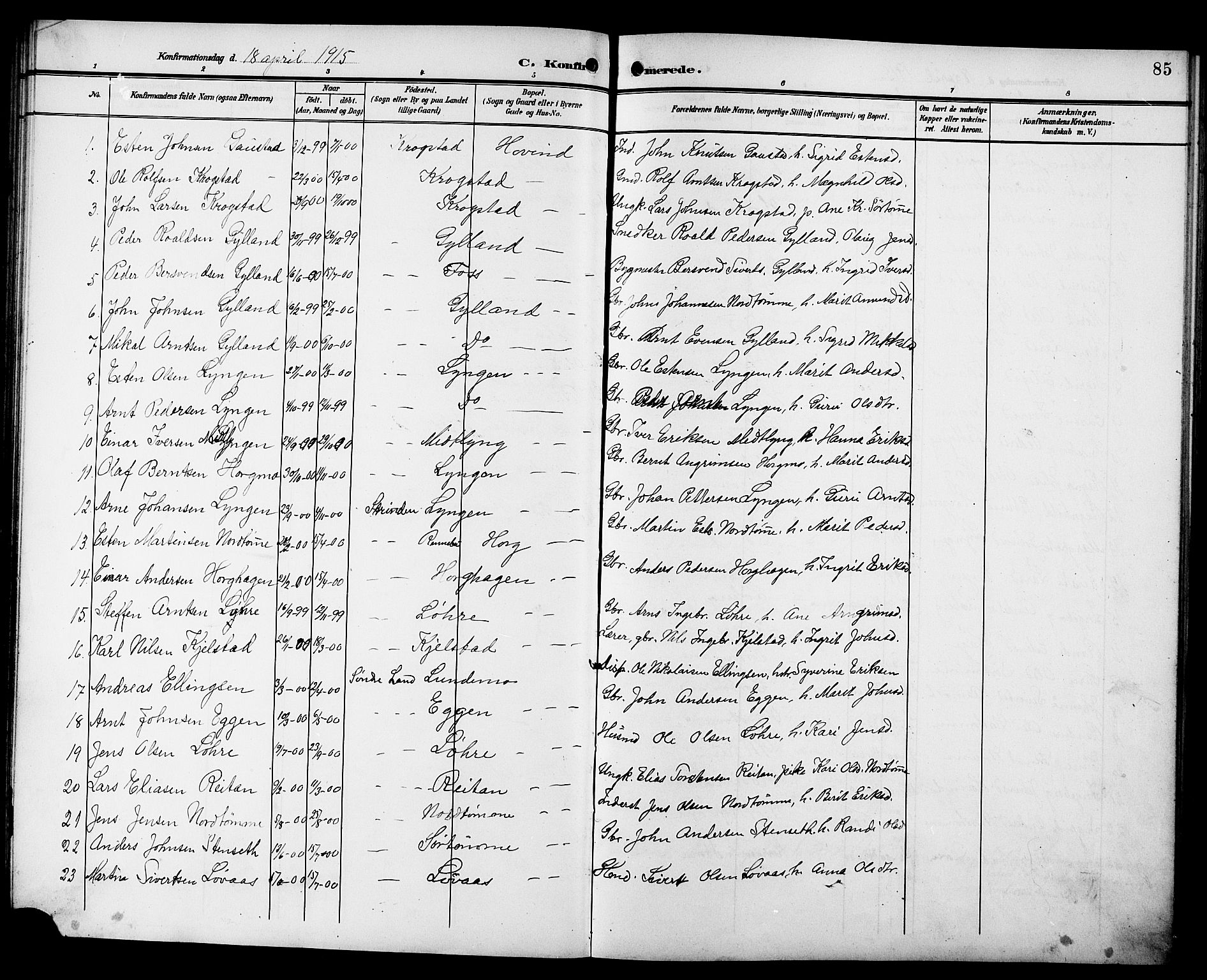 Ministerialprotokoller, klokkerbøker og fødselsregistre - Sør-Trøndelag, SAT/A-1456/692/L1112: Parish register (copy) no. 692C07, 1904-1918, p. 85