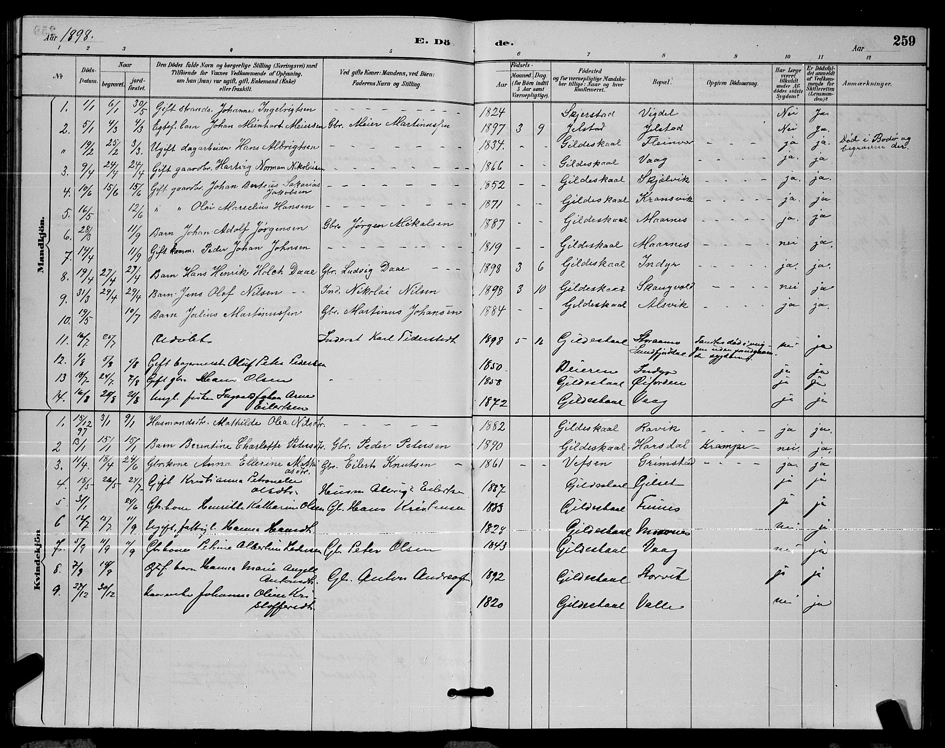 Ministerialprotokoller, klokkerbøker og fødselsregistre - Nordland, AV/SAT-A-1459/805/L0108: Parish register (copy) no. 805C04, 1885-1899, p. 259