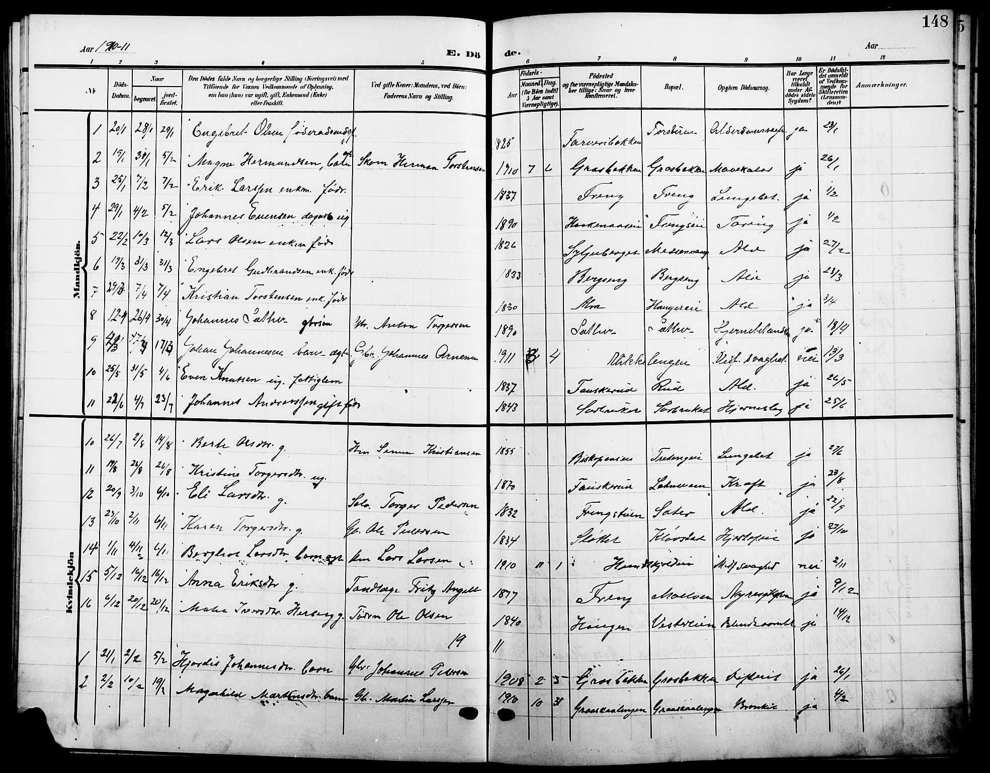 Ringsaker prestekontor, SAH/PREST-014/L/La/L0016: Parish register (copy) no. 16, 1905-1920, p. 148