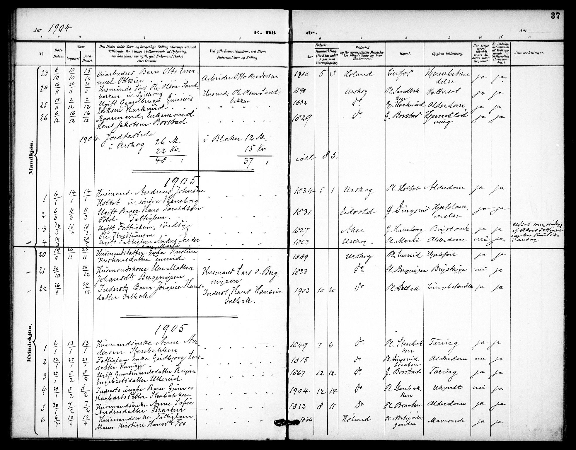 Aurskog prestekontor Kirkebøker, SAO/A-10304a/F/Fa/L0013: Parish register (official) no. I 13, 1900-1910, p. 37