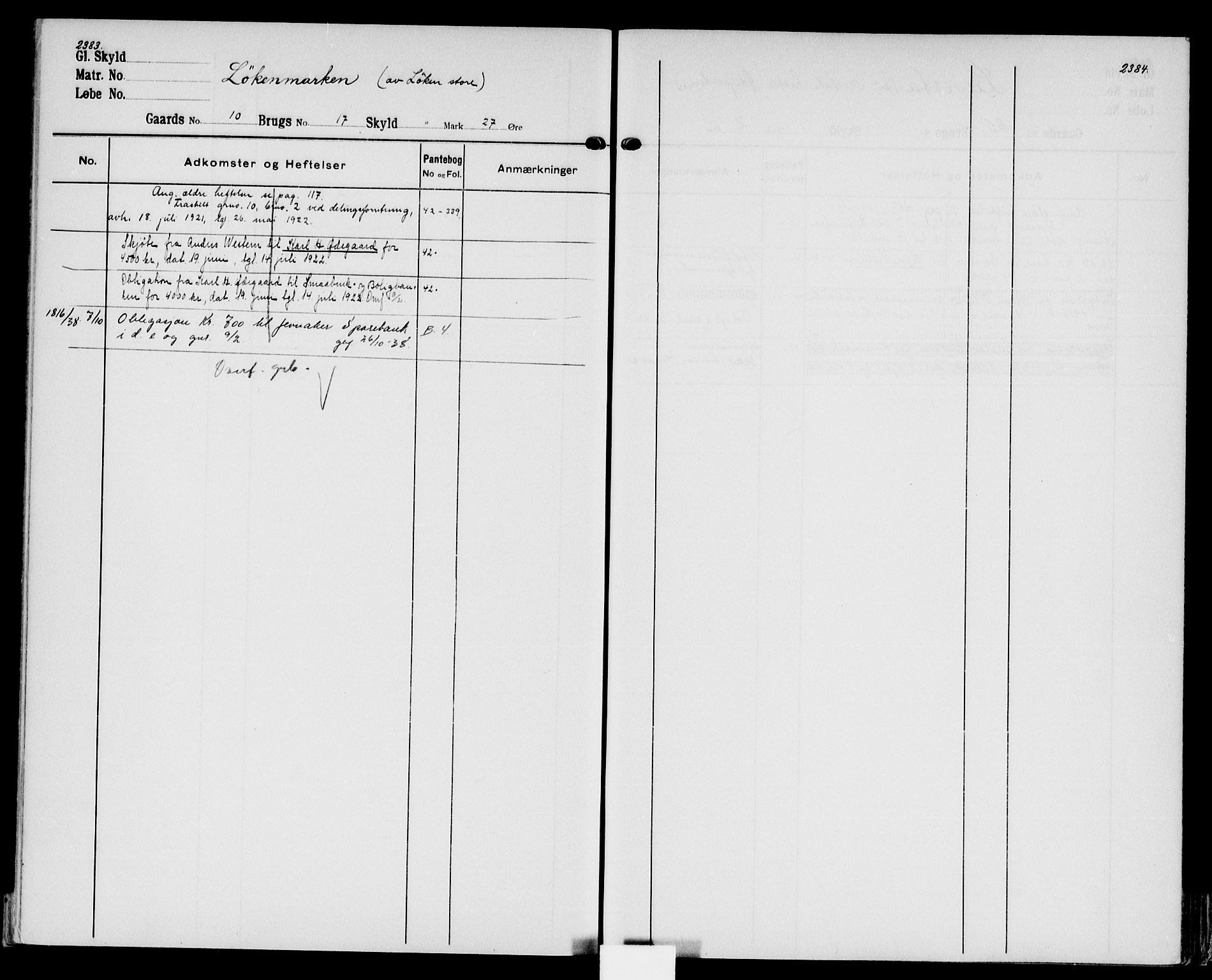 Hadeland og Land tingrett, AV/SAH-TING-010/H/Ha/Hac/L0003: Mortgage register no. 3.3, 1906-1950, p. 2383-2384