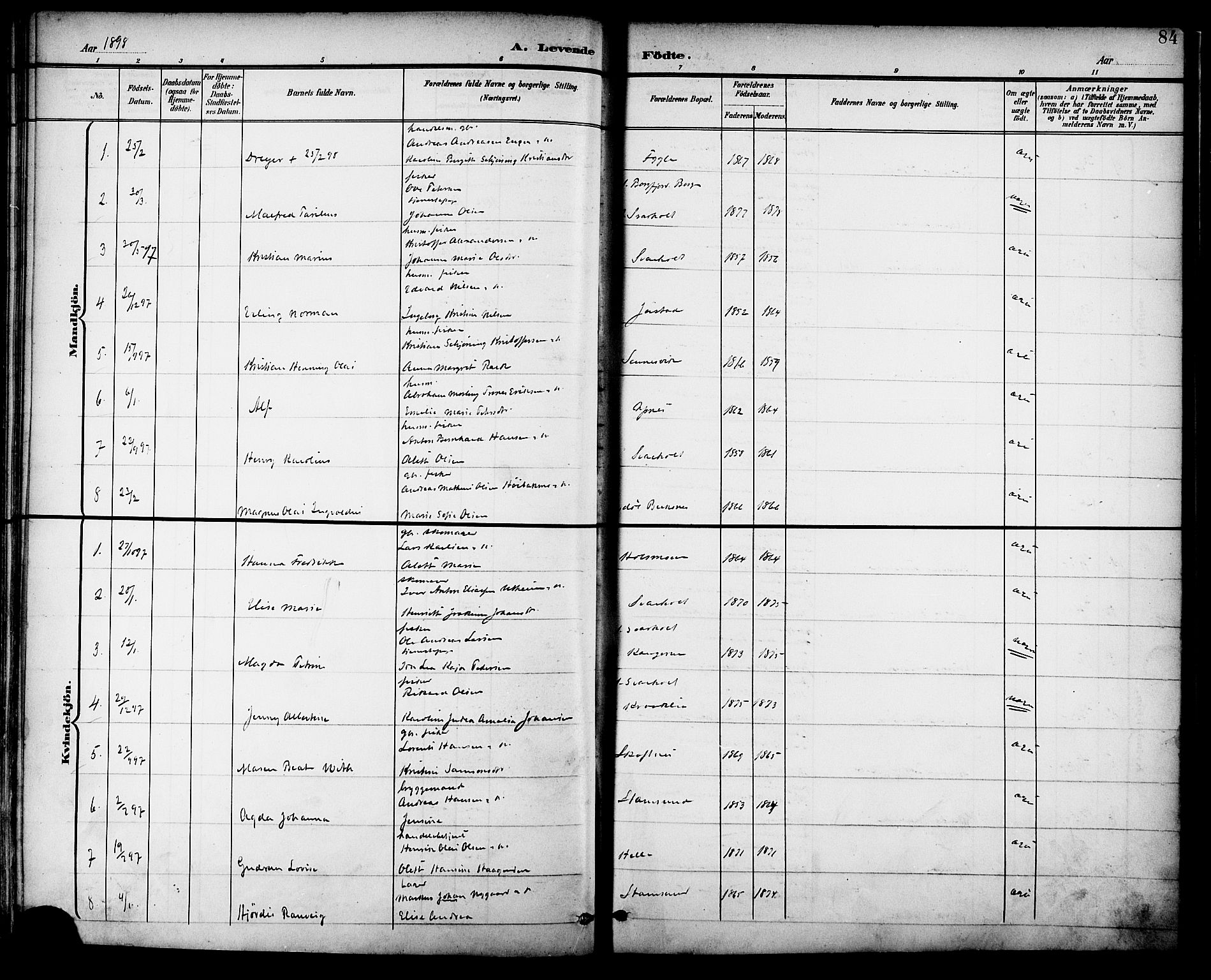 Ministerialprotokoller, klokkerbøker og fødselsregistre - Nordland, SAT/A-1459/882/L1179: Parish register (official) no. 882A01, 1886-1898, p. 84