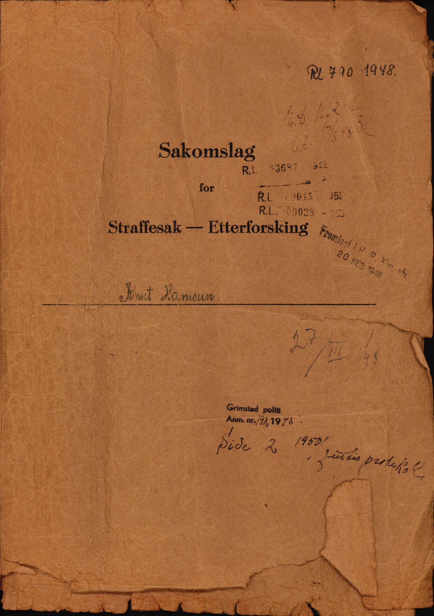 Landssvikarkivet, Arendal politikammer, RA/S-3138-25/D/Dc/L0029: Anr. 192/45, 1945-1951, p. 1
